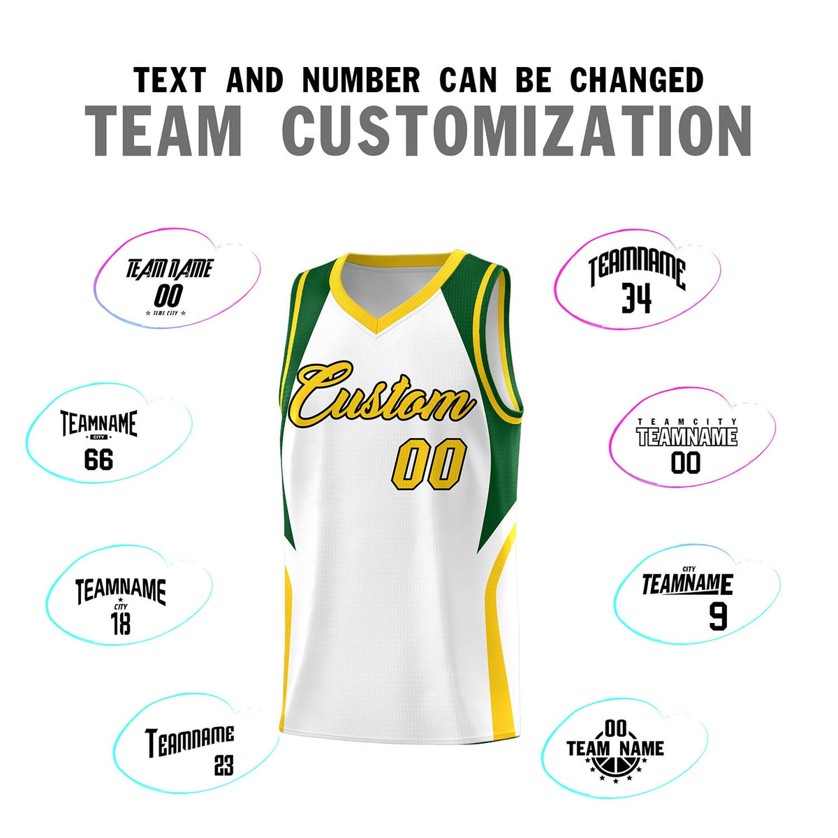 Custom White Hunter Green and Gold Color Block Sports Uniform Basketball Jersey