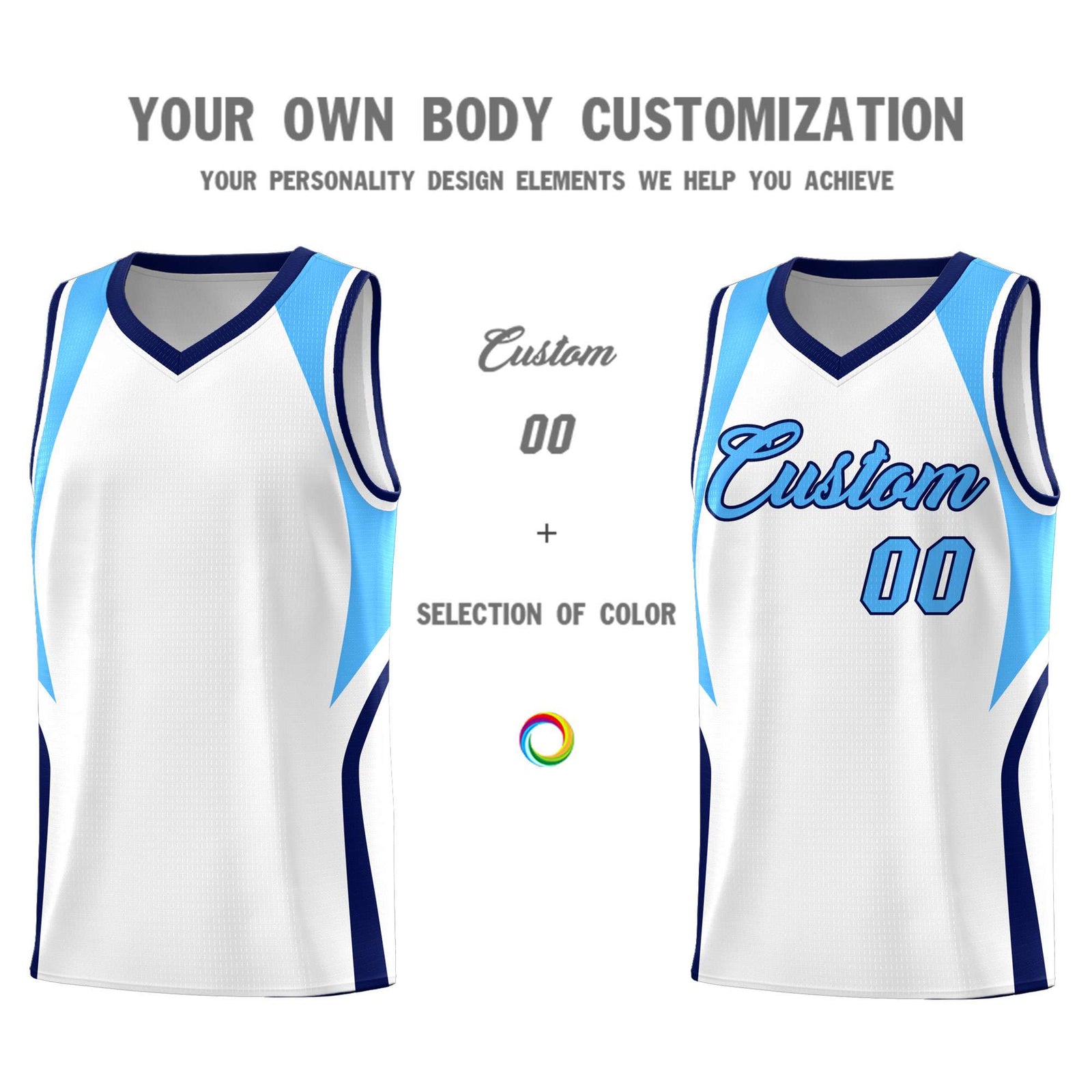 Custom White Powder Blue and Navy Color Block Sports Uniform Basketball Jersey