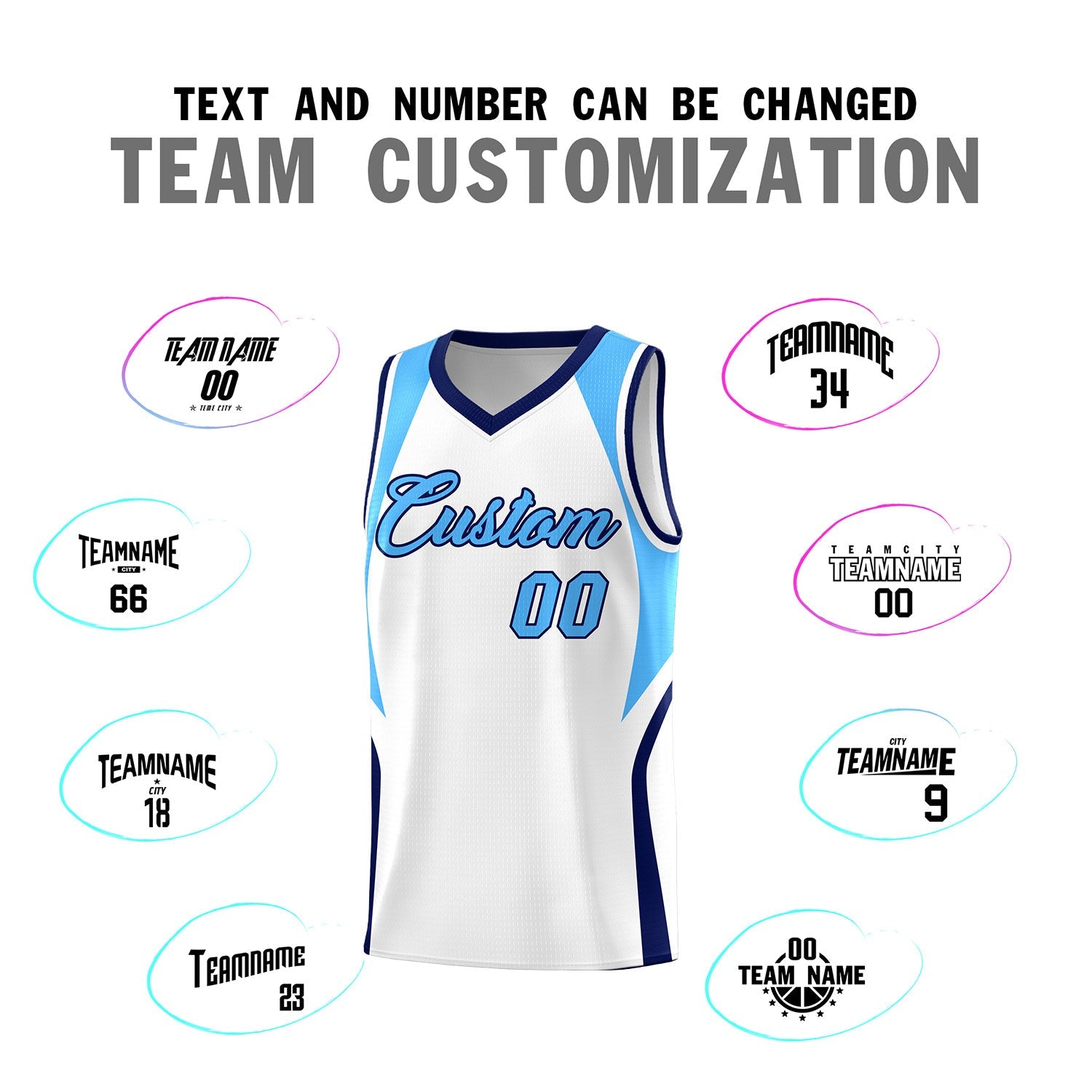 Custom White Powder Blue and Navy Color Block Sports Uniform Basketball Jersey