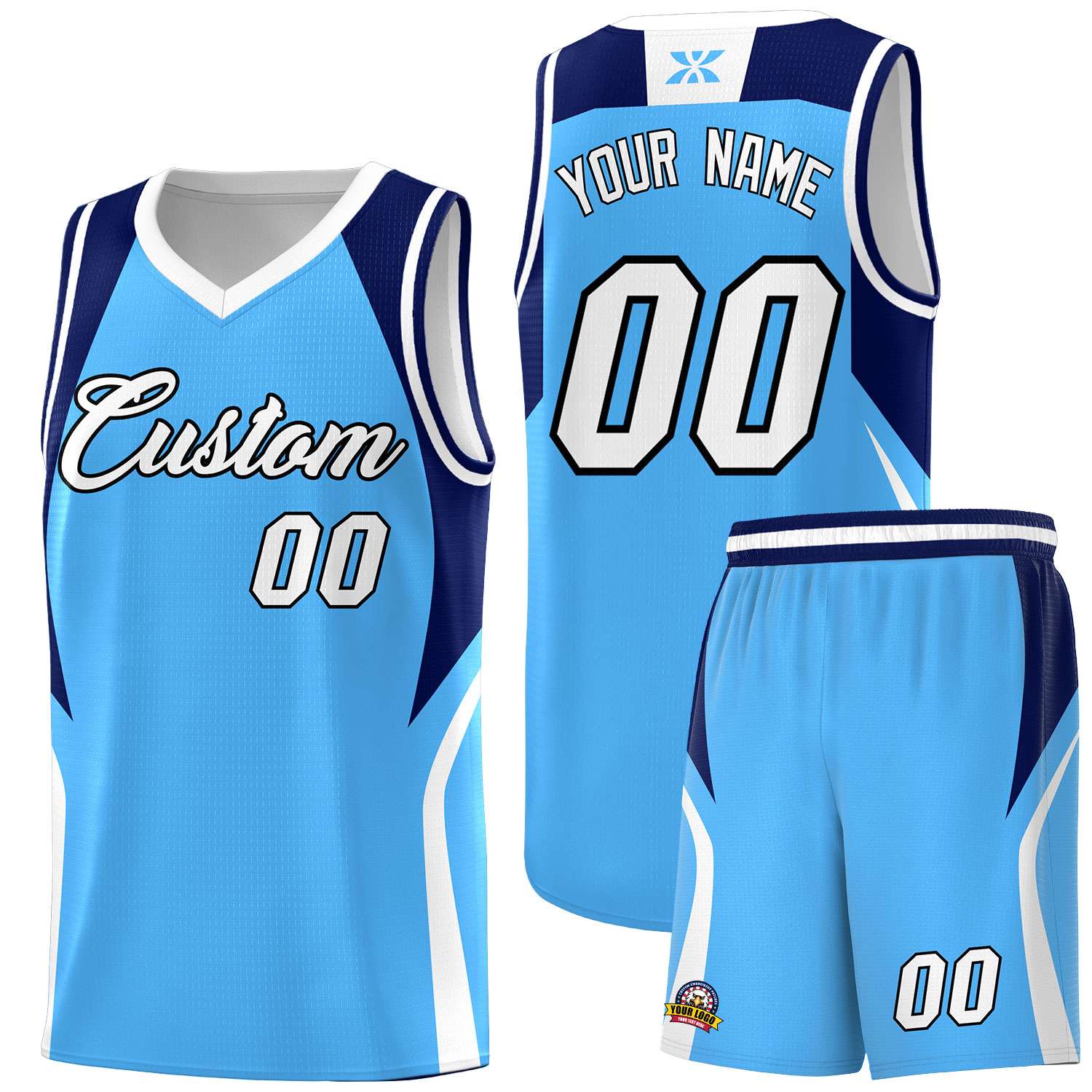 Custom Powder Blue Navy and White Color Block Sports Uniform Basketball Jersey