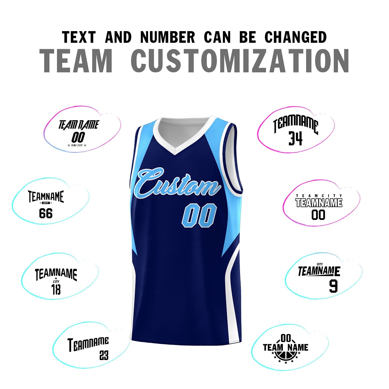 Custom Navy Powder Blue and White Color Block Sports Uniform Basketball Jersey