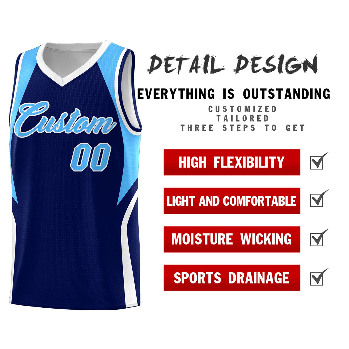 Custom Navy Powder Blue and White Color Block Sports Uniform Basketball Jersey