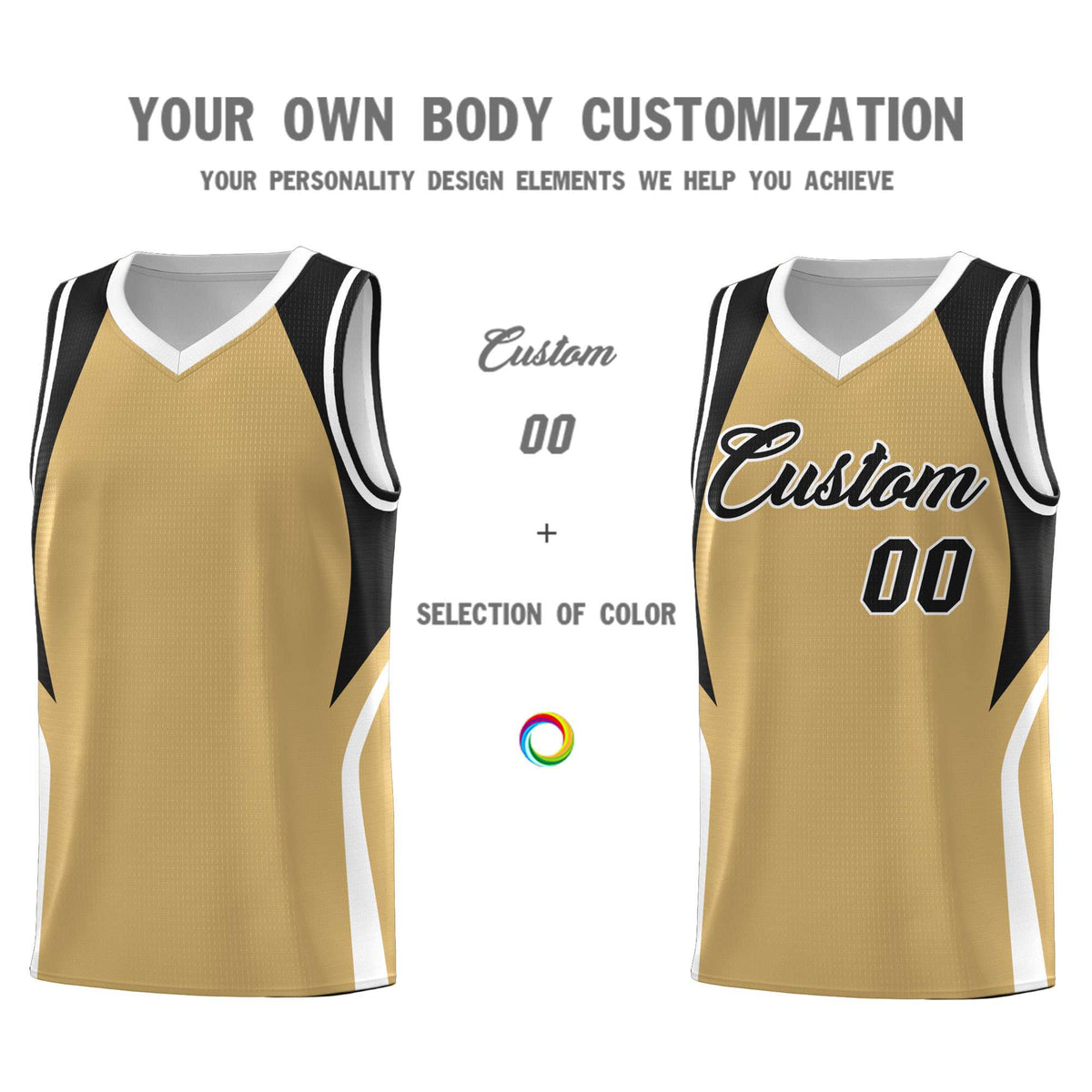 Custom Old Gold Black and White Color Block Sports Uniform Basketball Jersey