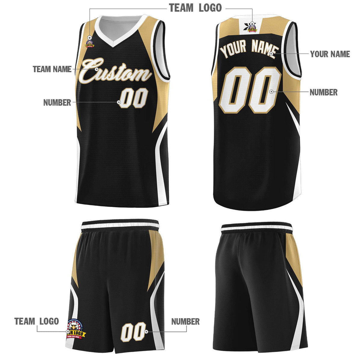 Custom Black Old Gold and White Color Block Sports Uniform Basketball Jersey