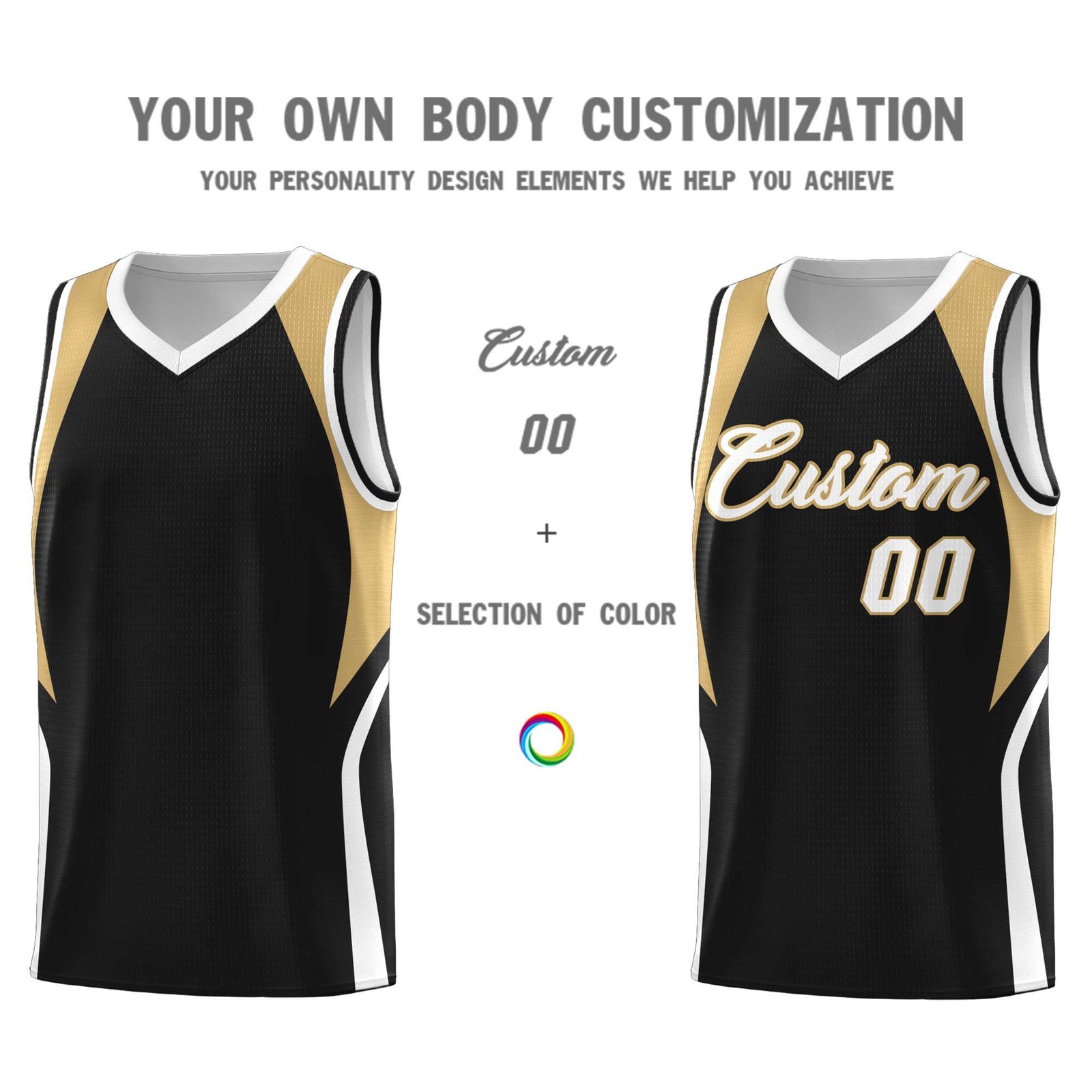 Custom Black Old Gold and White Color Block Sports Uniform Basketball Jersey