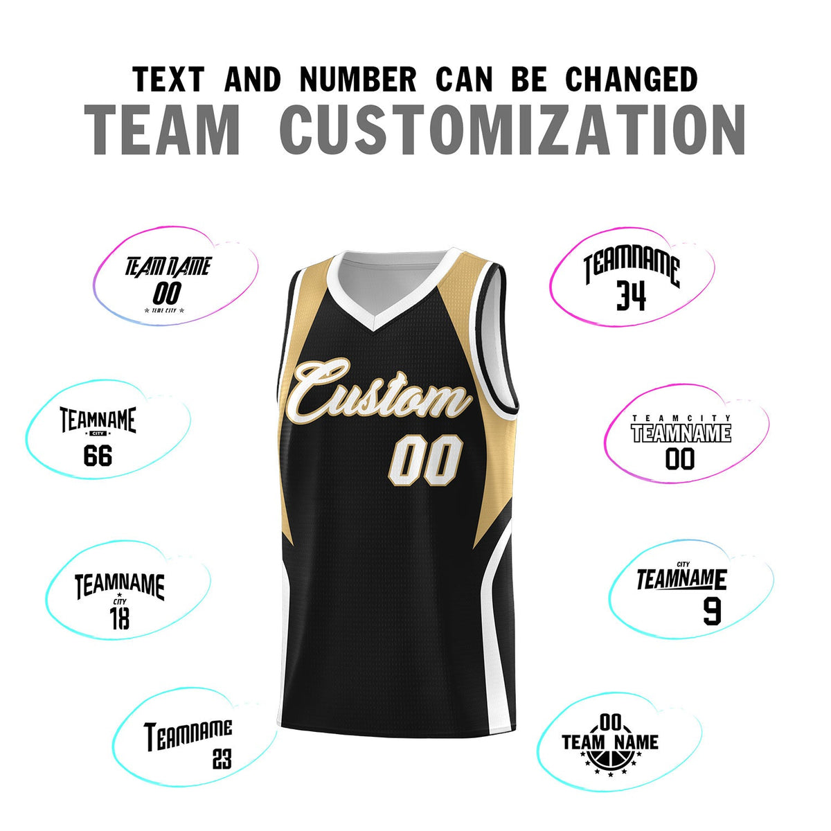 Custom Black Old Gold and White Color Block Sports Uniform Basketball Jersey