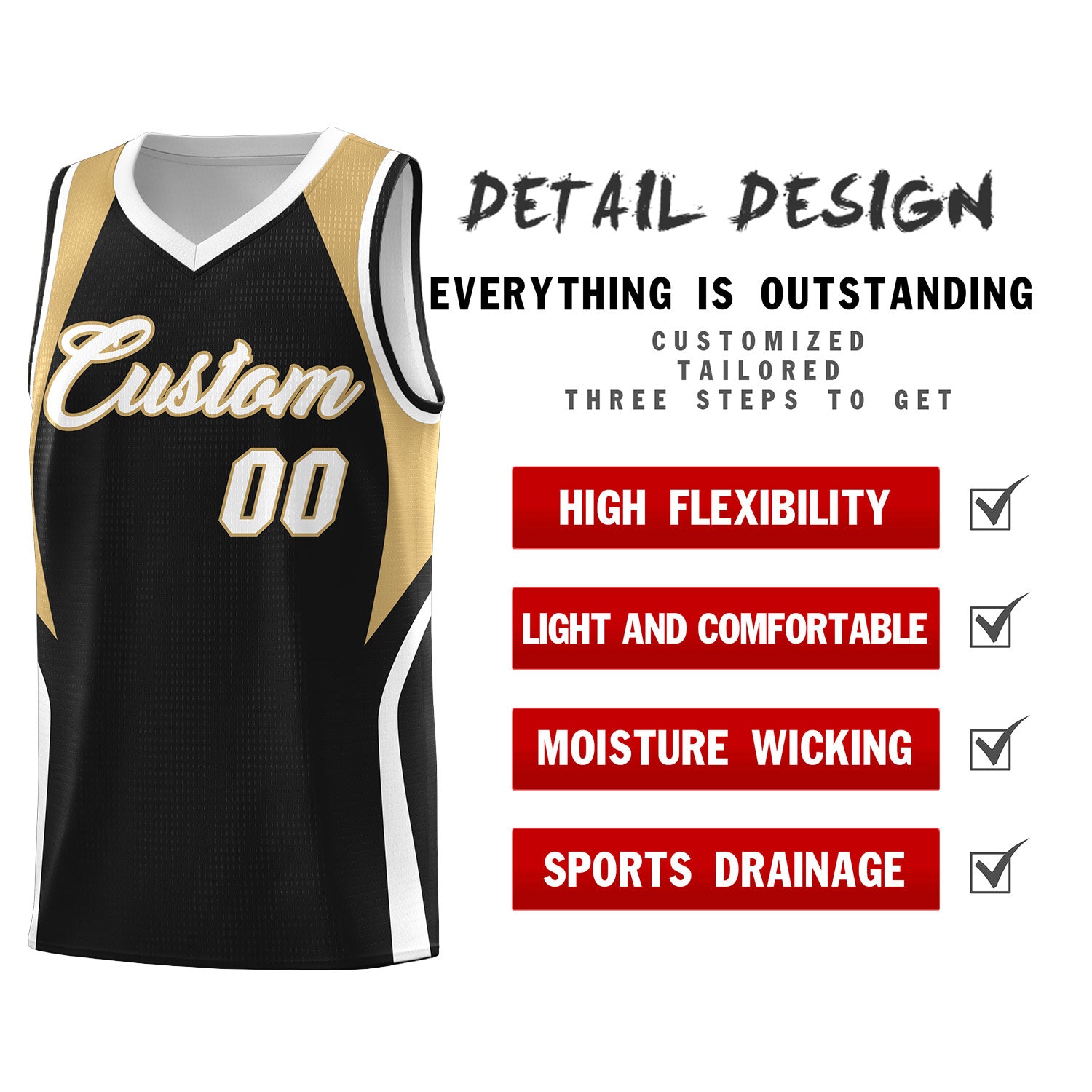 Custom Black Old Gold and White Color Block Sports Uniform Basketball Jersey