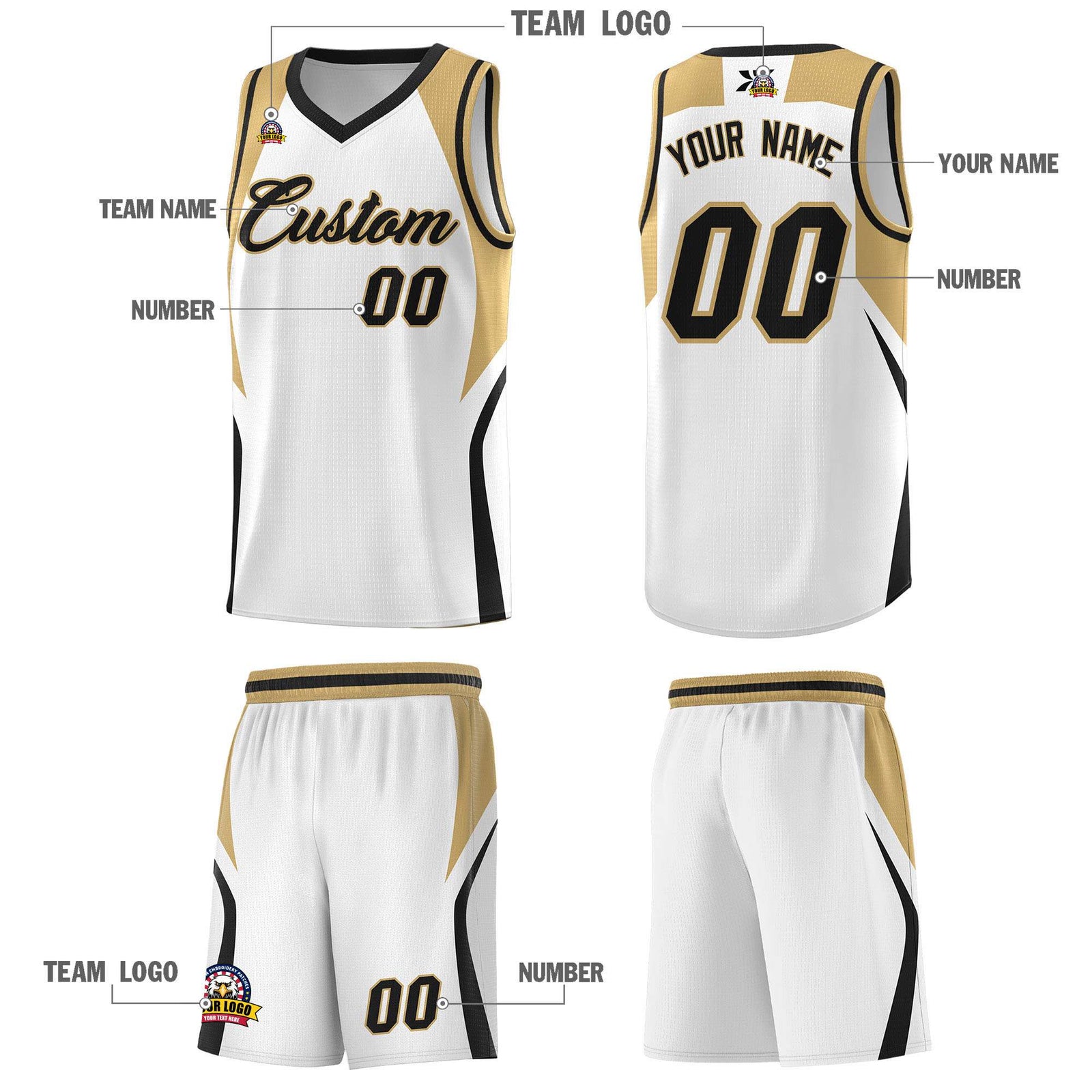 Custom White Old Gold and Black Color Block Sports Uniform Basketball Jersey