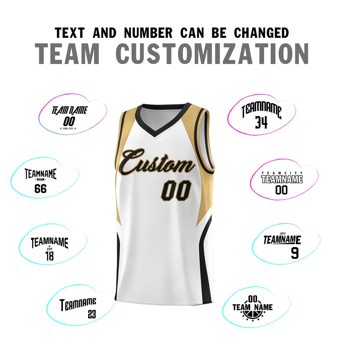 Custom White Old Gold and Black Color Block Sports Uniform Basketball Jersey