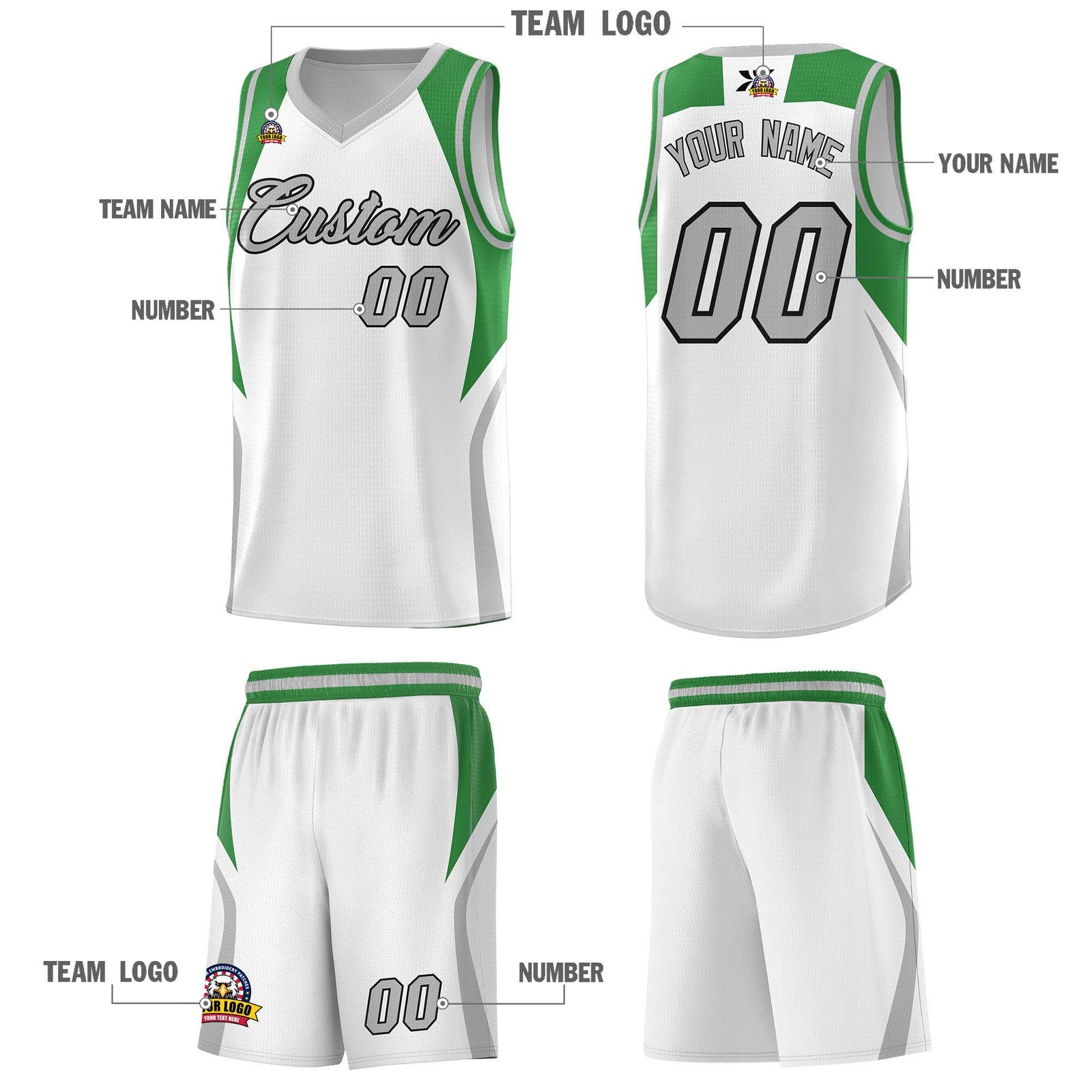 Custom White Green and Gray Color Block Sports Uniform Basketball Jersey