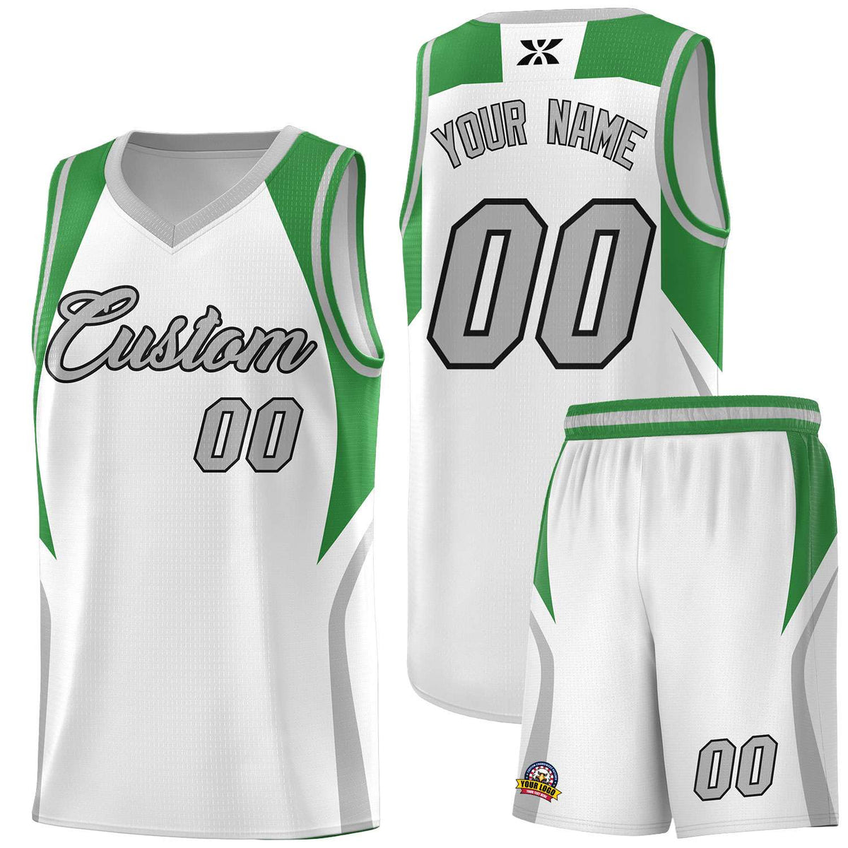Custom White Green and Gray Color Block Sports Uniform Basketball Jersey