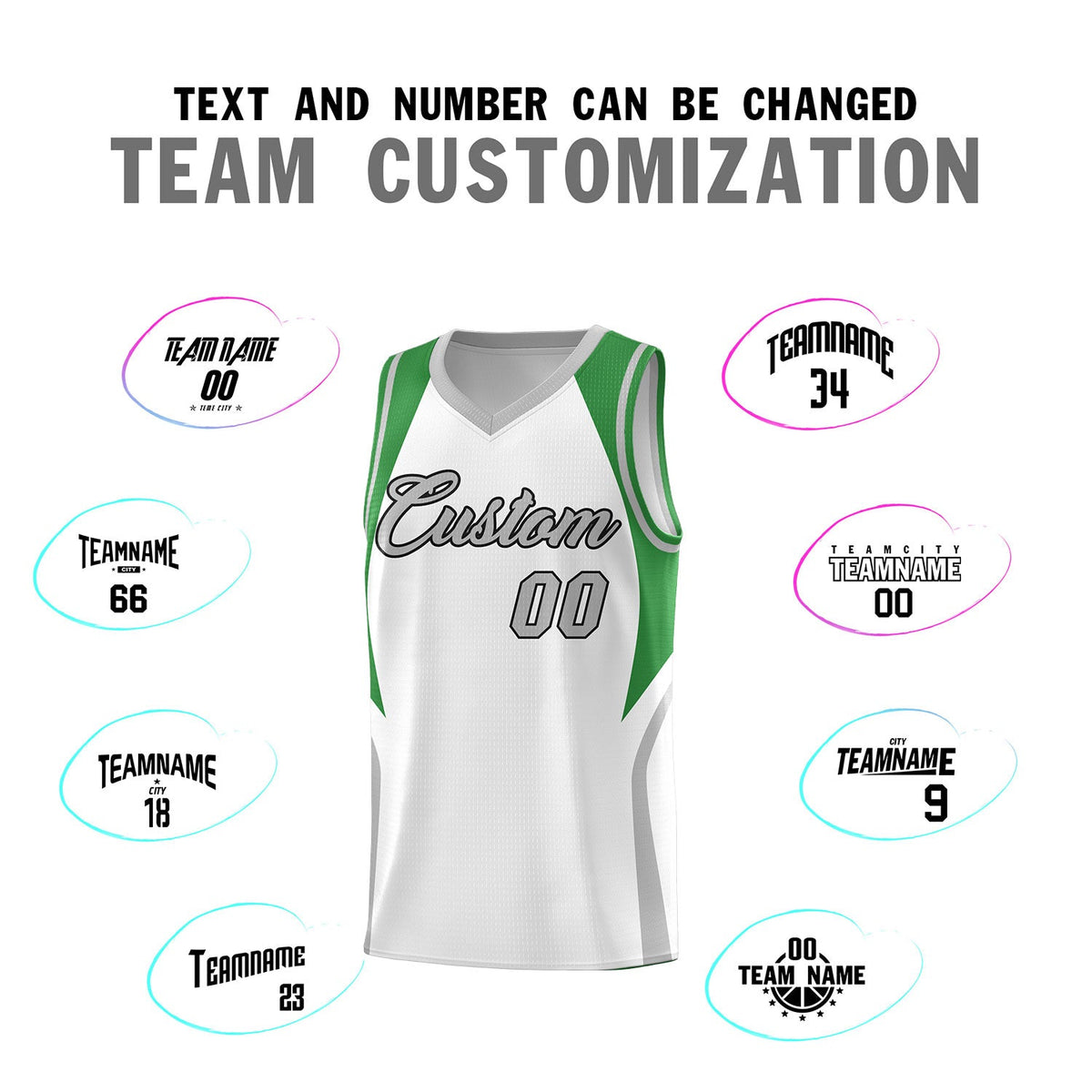 Custom White Green and Gray Color Block Sports Uniform Basketball Jersey