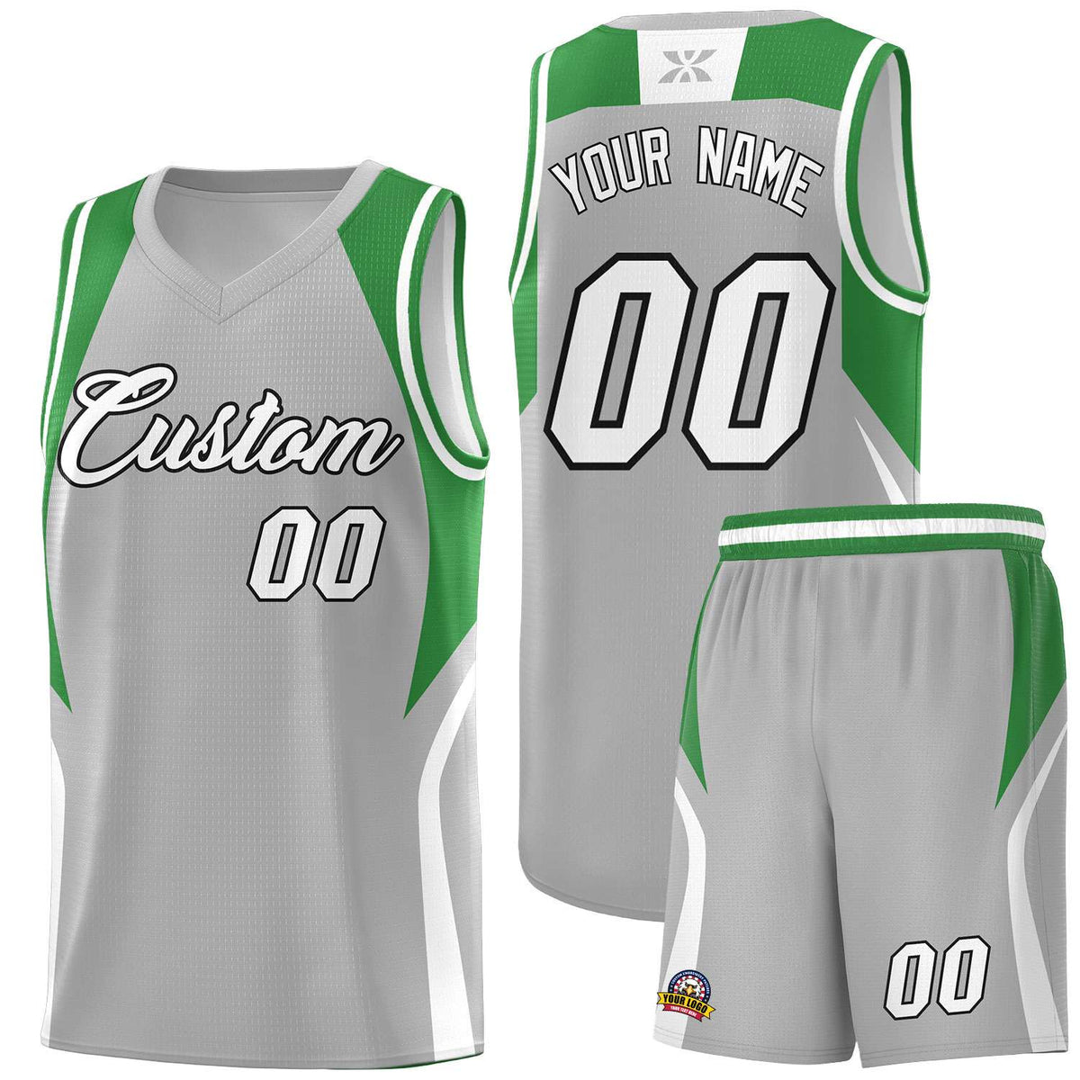 Custom Gray Green and White Color Block Sports Uniform Basketball Jersey