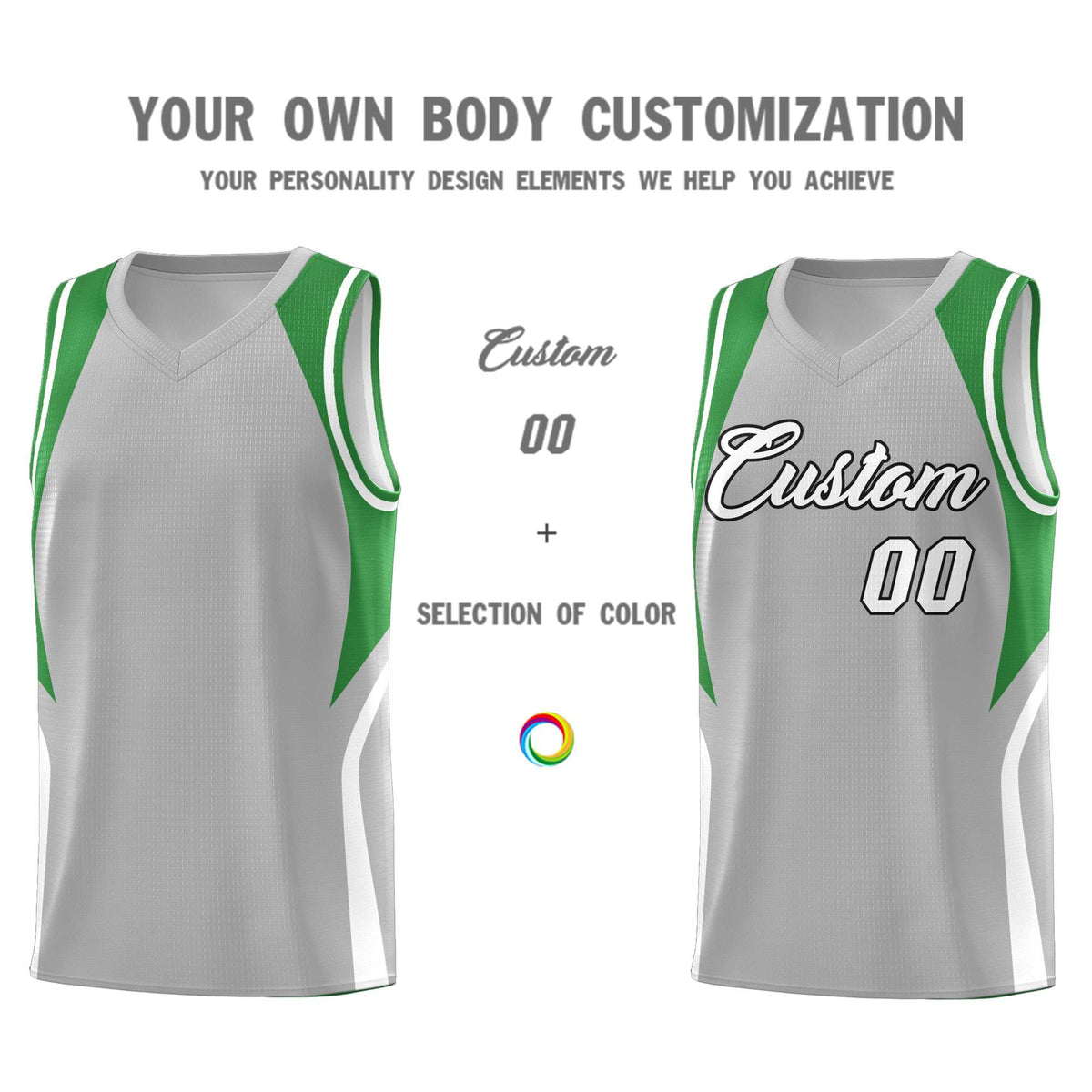 Custom Gray Green and White Color Block Sports Uniform Basketball Jersey