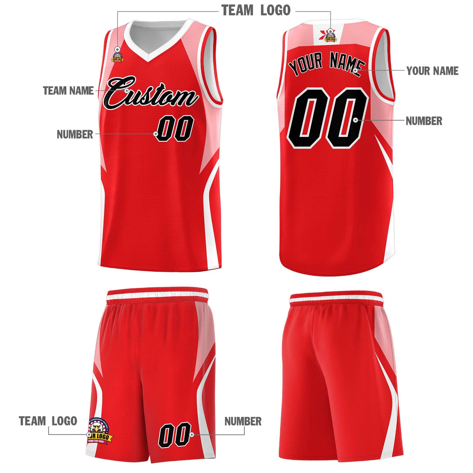Custom Red Light Pink and White Color Block Sports Uniform Basketball Jersey