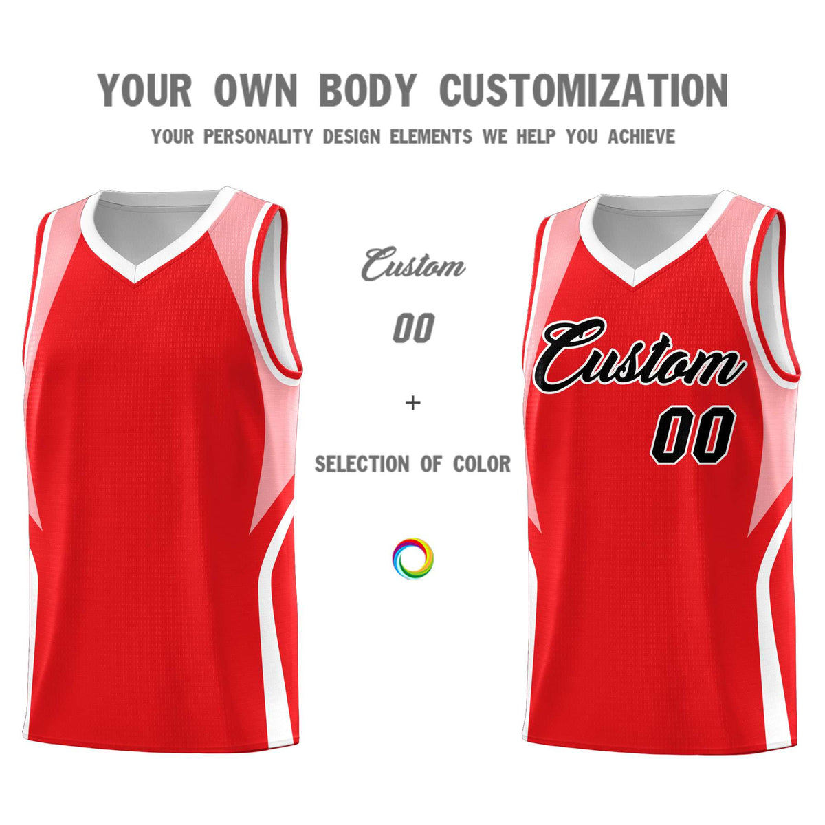 Custom Red Light Pink and White Color Block Sports Uniform Basketball Jersey