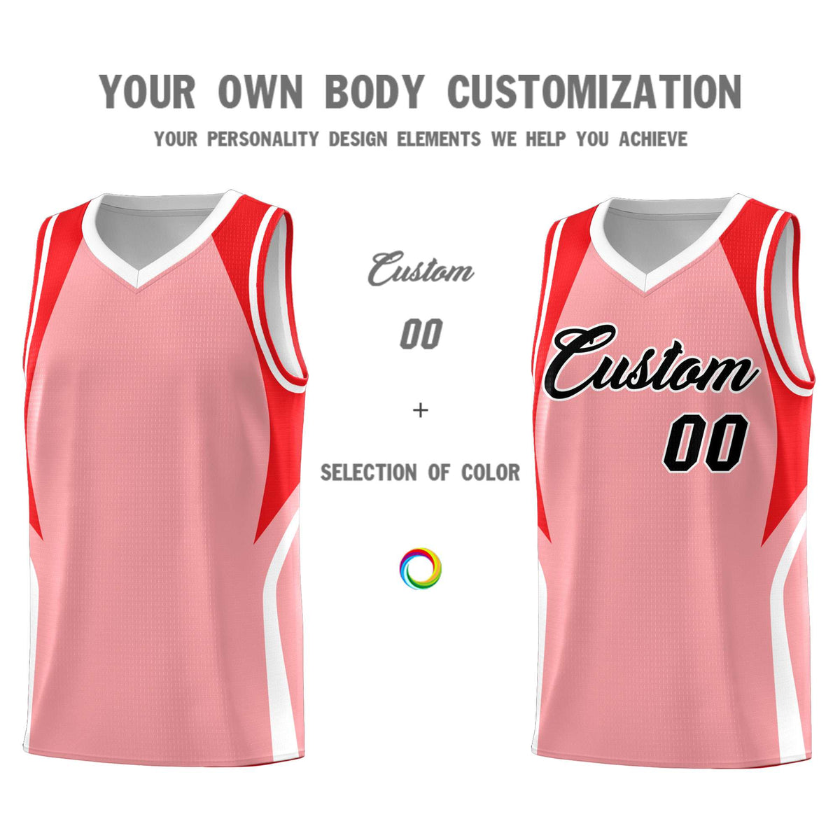 Custom Light Pink Red and White Color Block Sports Uniform Basketball Jersey