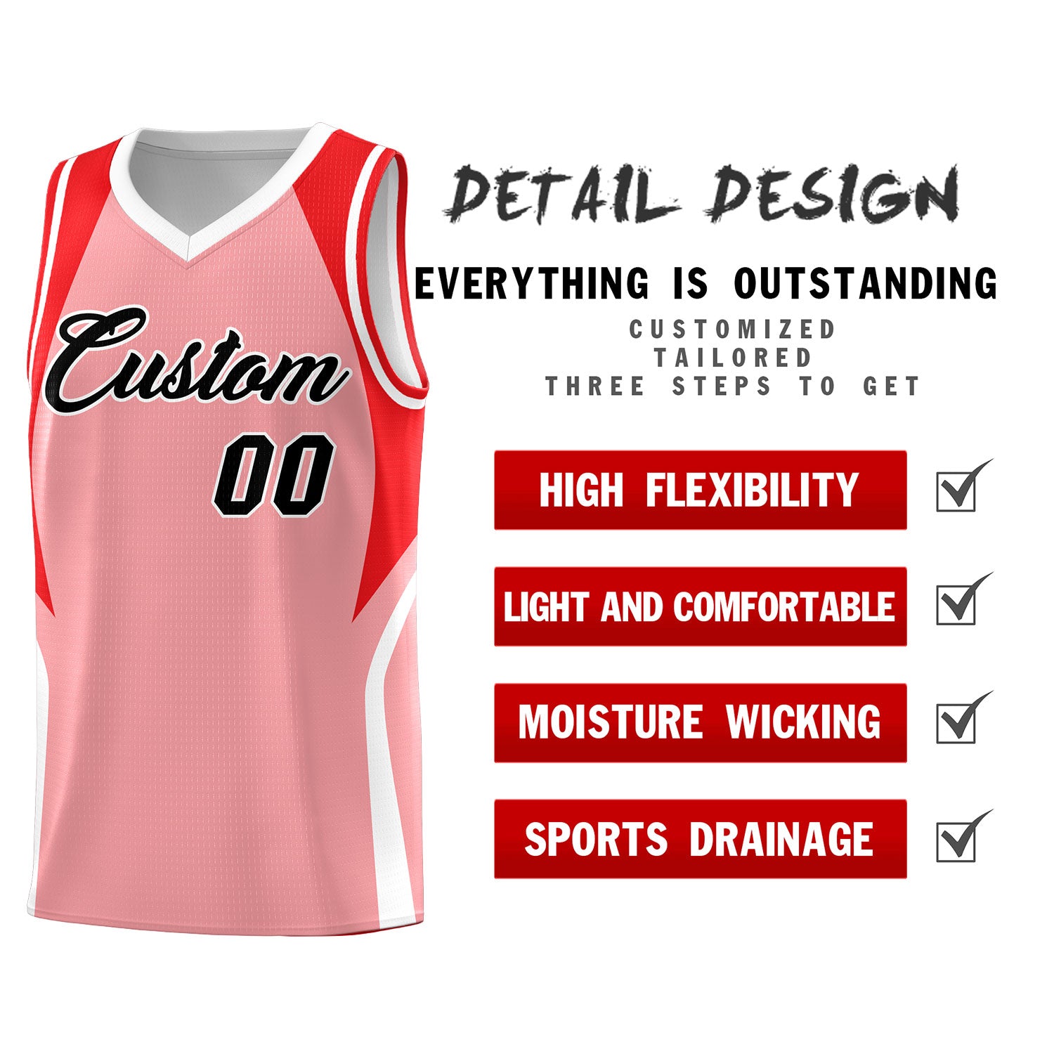 Custom Light Pink Red and White Color Block Sports Uniform Basketball Jersey
