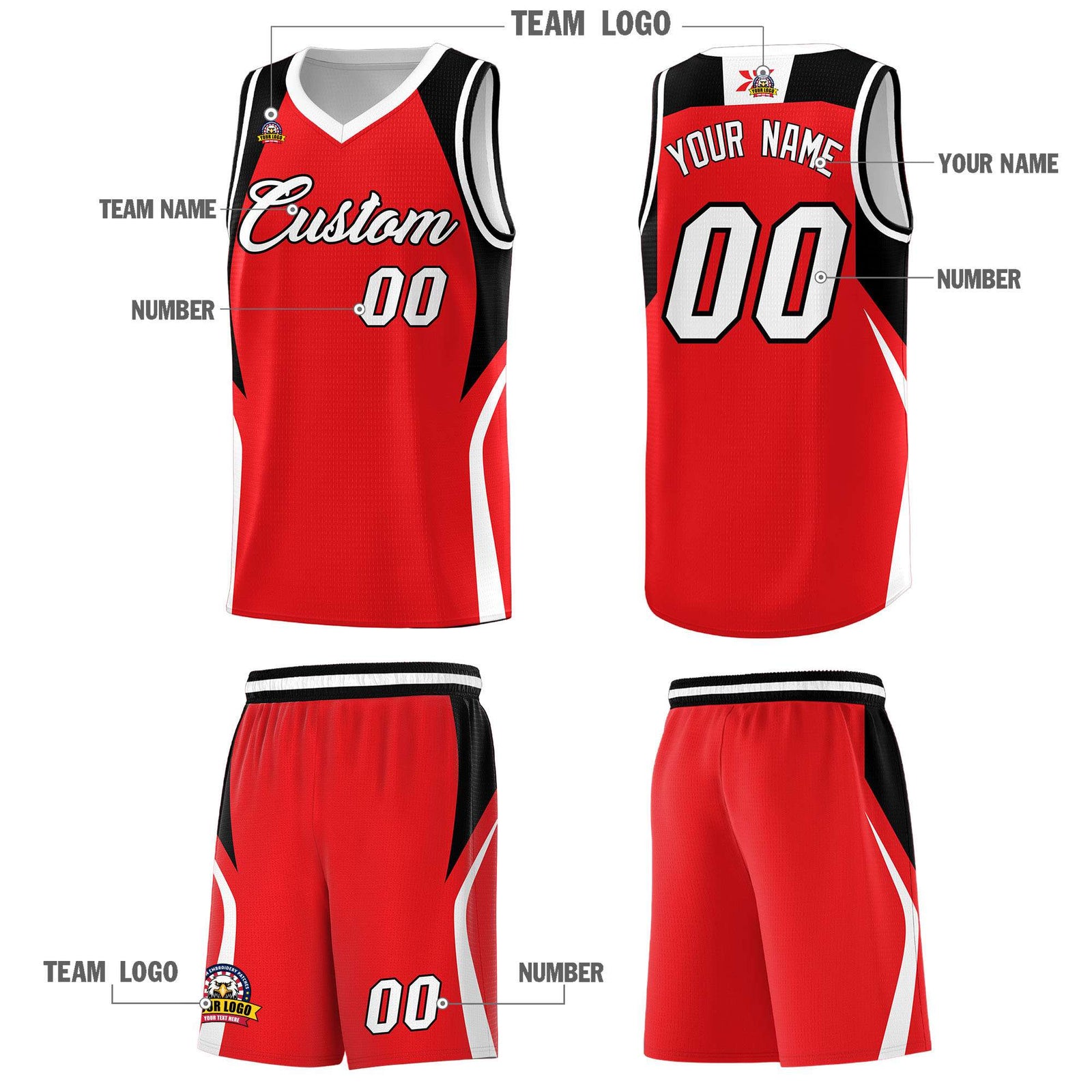 Custom Red Black and White Color Block Sports Uniform Basketball Jersey