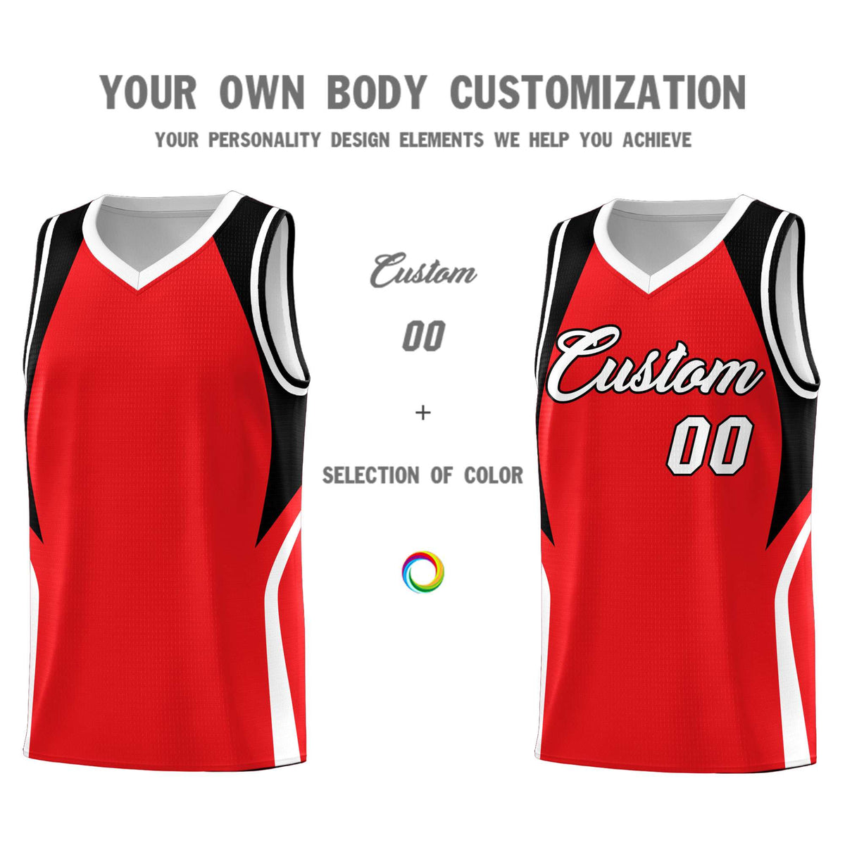 Custom Red Black and White Color Block Sports Uniform Basketball Jersey
