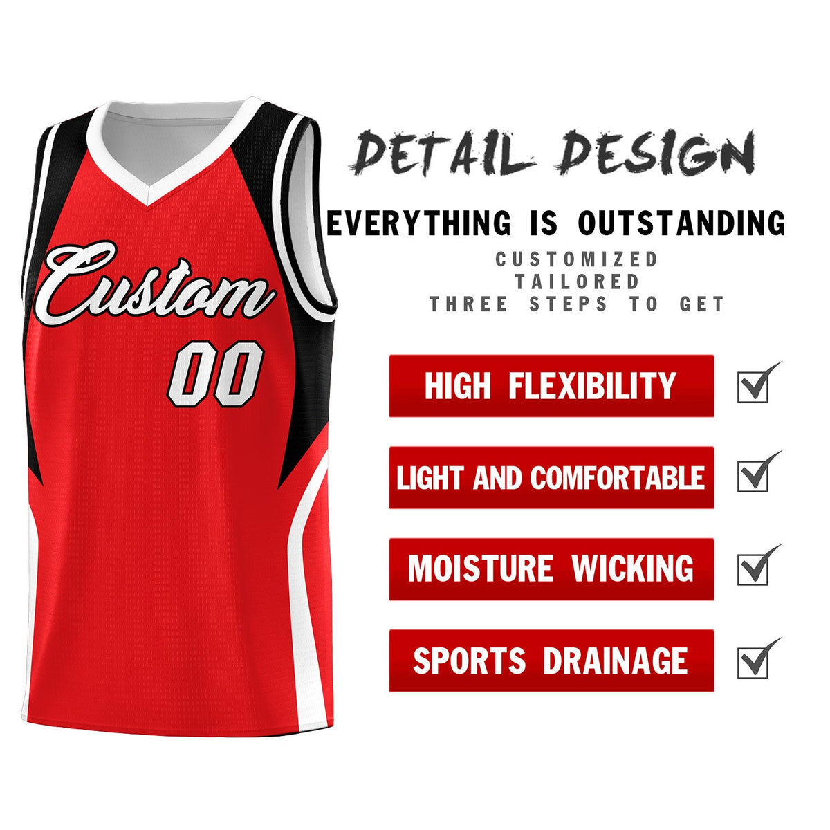 Custom Red Black and White Color Block Sports Uniform Basketball Jersey