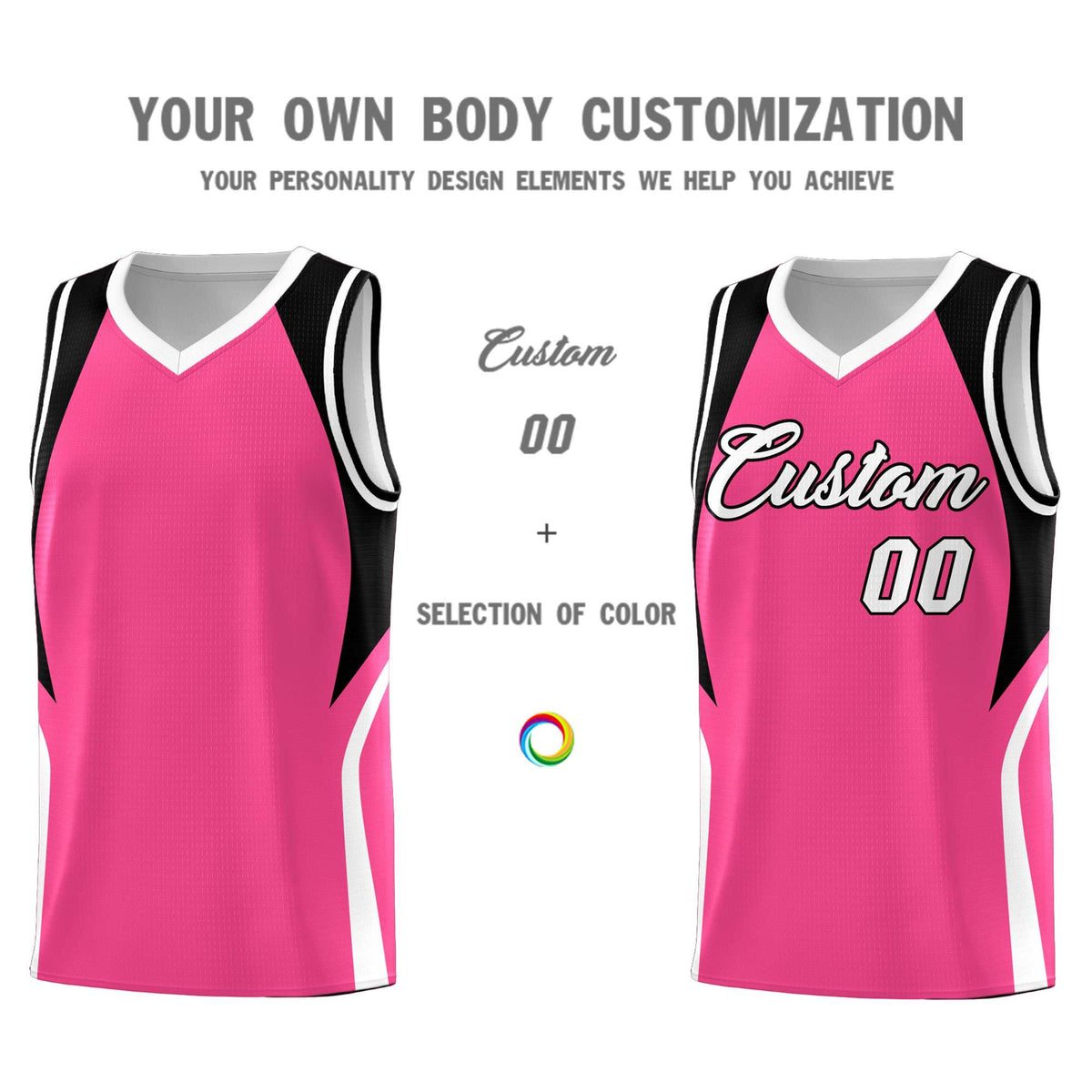 Custom Pink Black and White Color Block Sports Uniform Basketball Jersey
