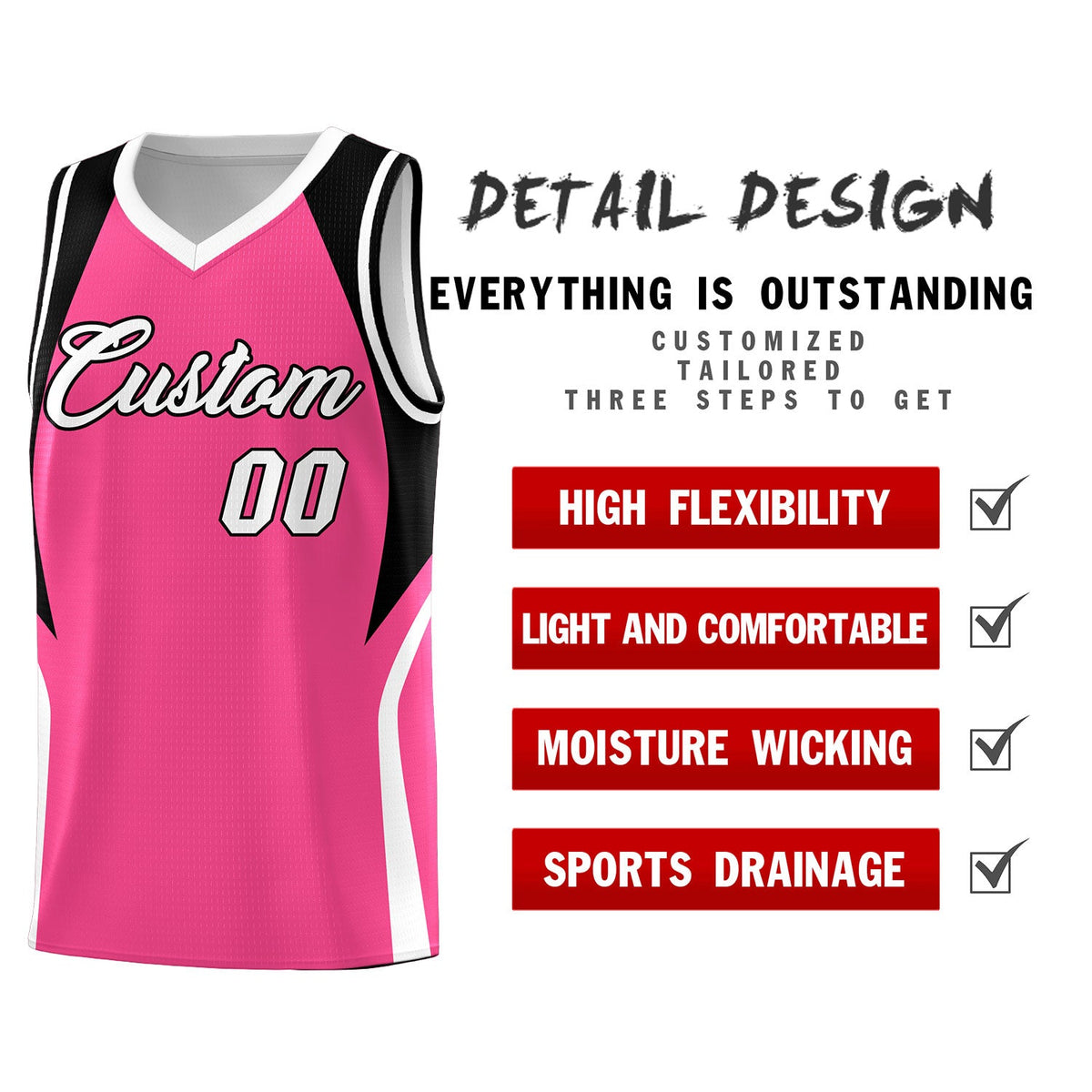 Custom Pink Black and White Color Block Sports Uniform Basketball Jersey