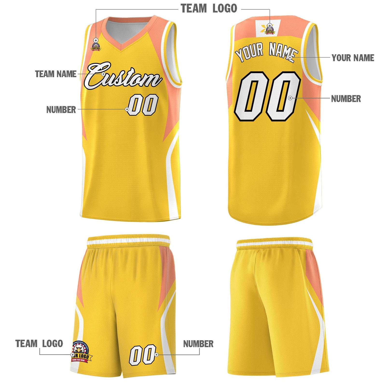 Custom Gold Orange and White Color Block Sports Uniform Basketball Jersey