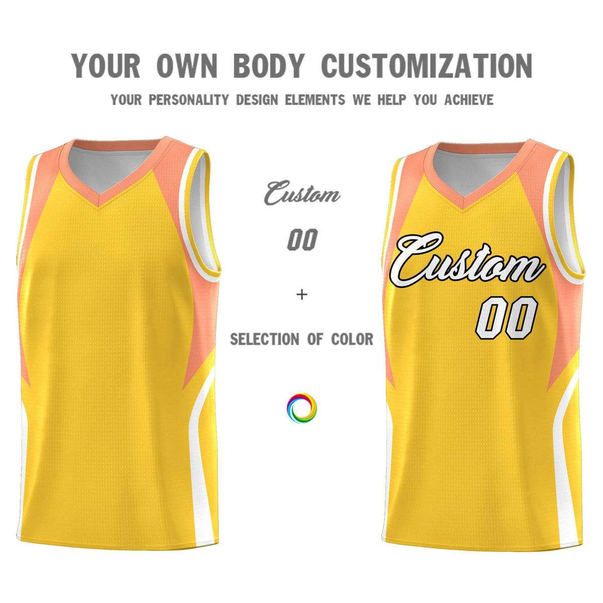 Custom Gold Orange and White Color Block Sports Uniform Basketball Jersey