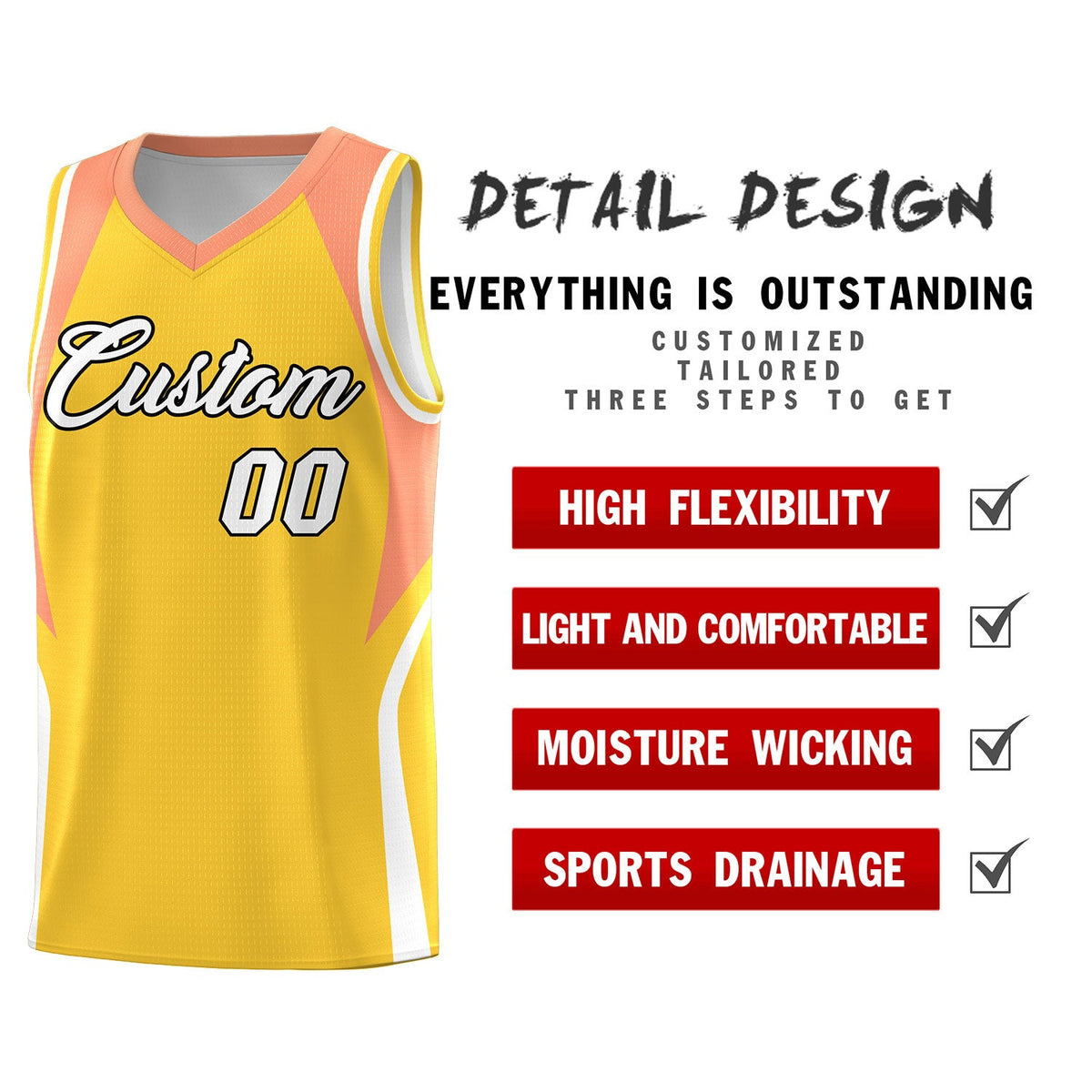 Custom Gold Orange and White Color Block Sports Uniform Basketball Jersey