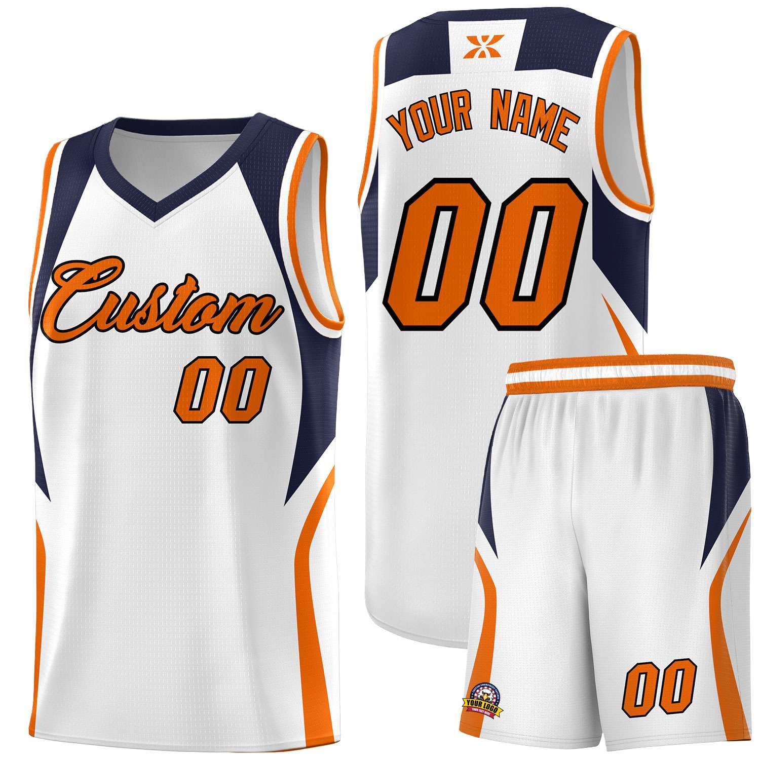 Custom White Navy and Orange Color Block Sports Uniform Basketball Jersey