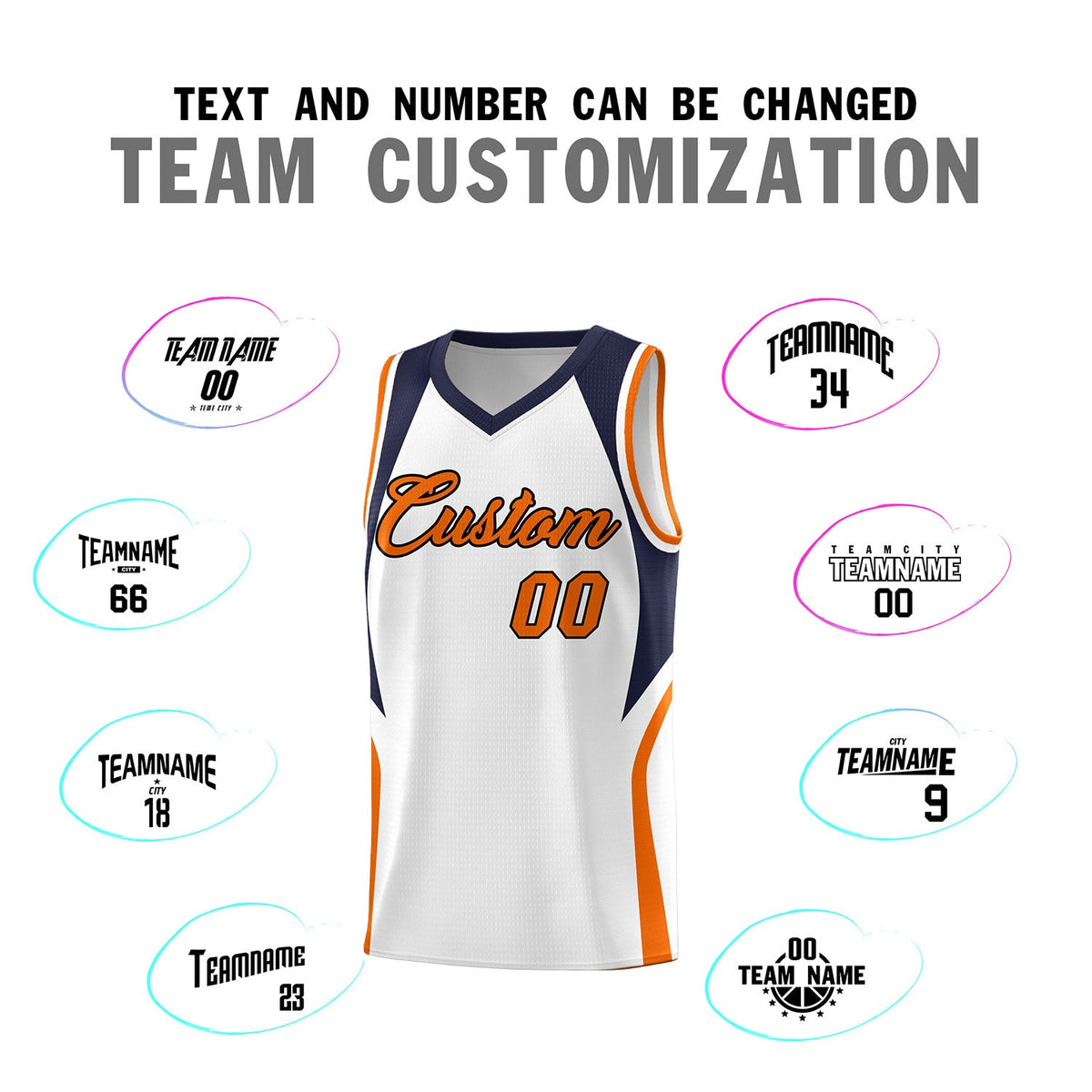 Custom White Navy and Orange Color Block Sports Uniform Basketball Jersey