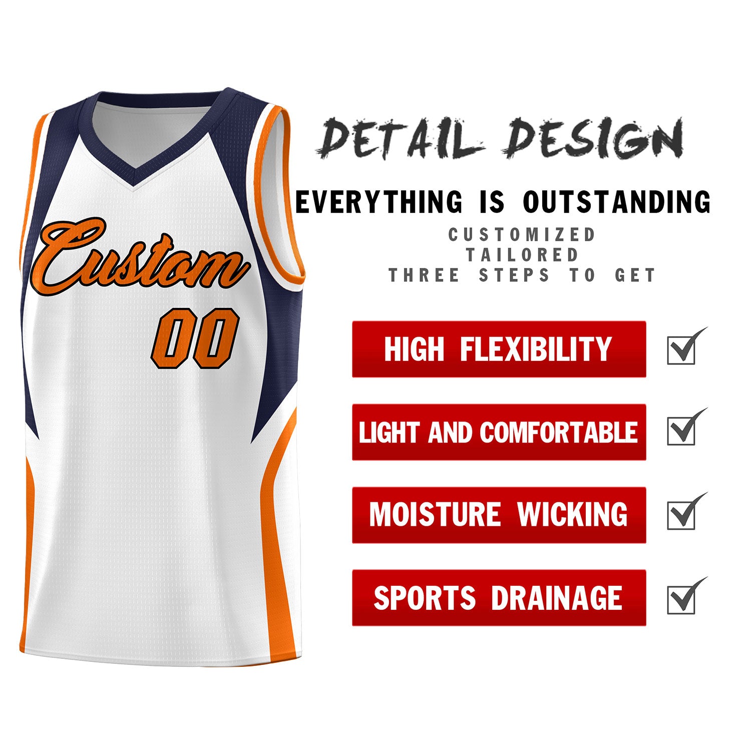 Custom White Navy and Orange Color Block Sports Uniform Basketball Jersey