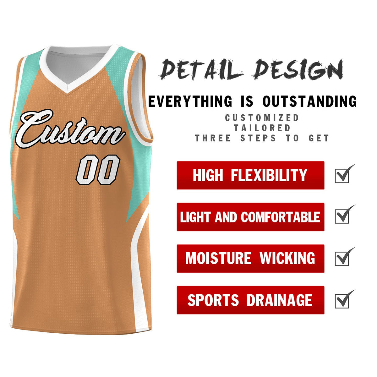Custom Buckskin Brown Blue and White Color Block Sports Uniform Basketball Jersey