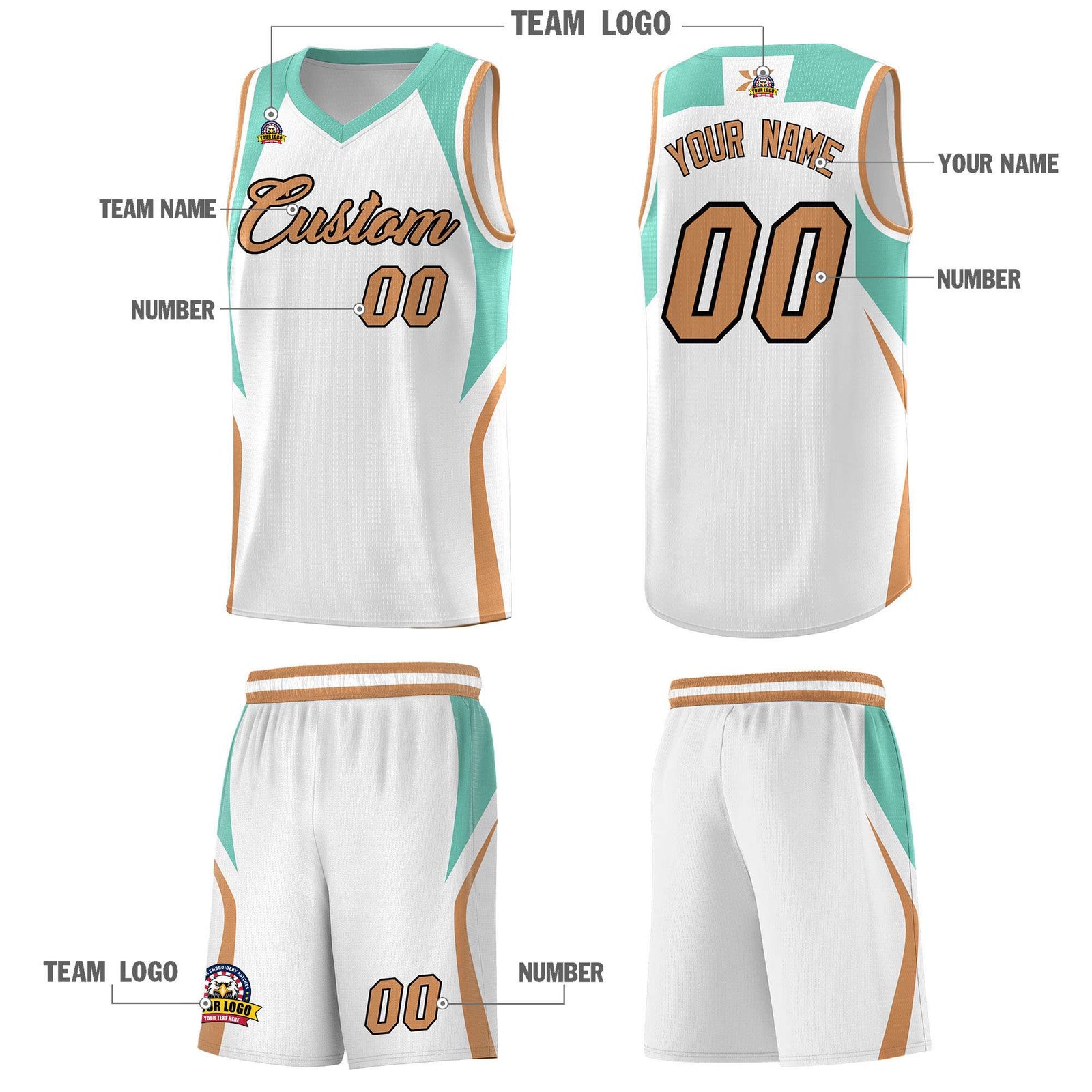 Custom White Blue and Buckskin Brown Color Block Sports Uniform Basketball Jersey