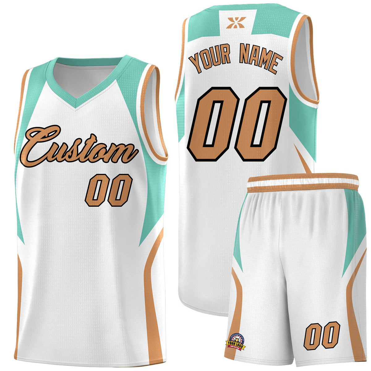 Custom White Blue and Buckskin Brown Color Block Sports Uniform Basketball Jersey