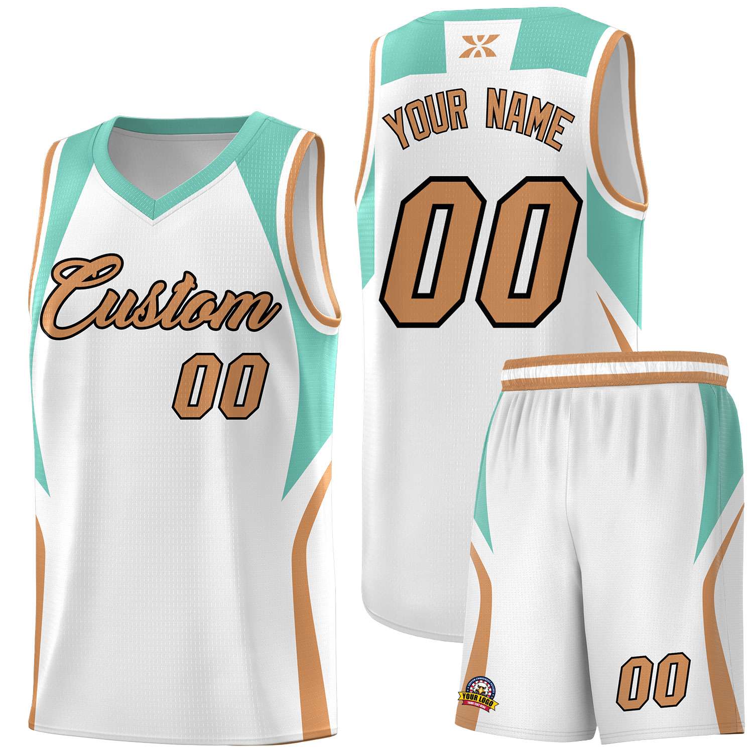 Custom White Blue and Buckskin Brown Color Block Sports Uniform Basketball Jersey