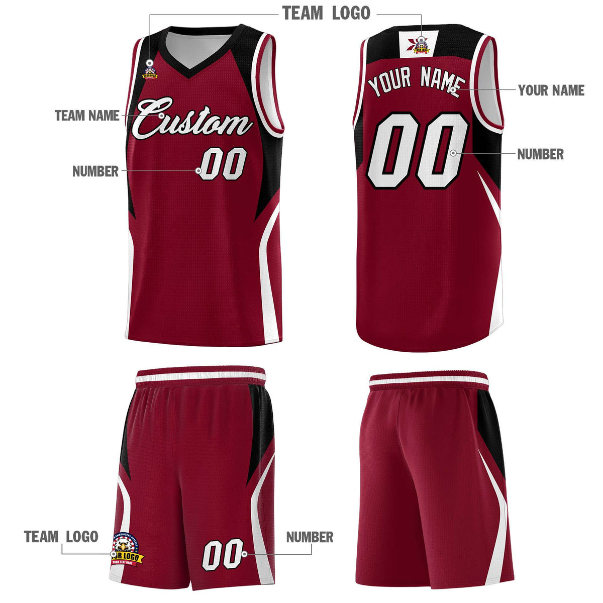Custom Crimson Black and White Color Block Sports Uniform Basketball Jersey