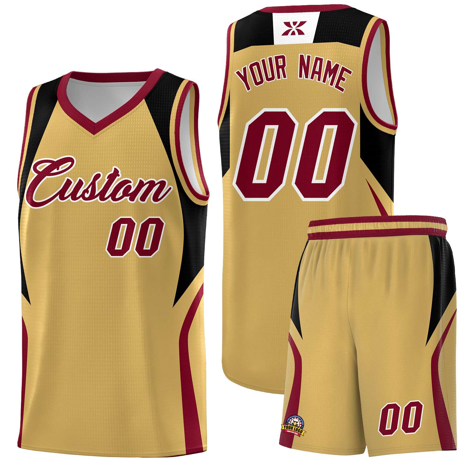 Custom Old Gold Black and Crimson Color Block Sports Uniform Basketball Jersey