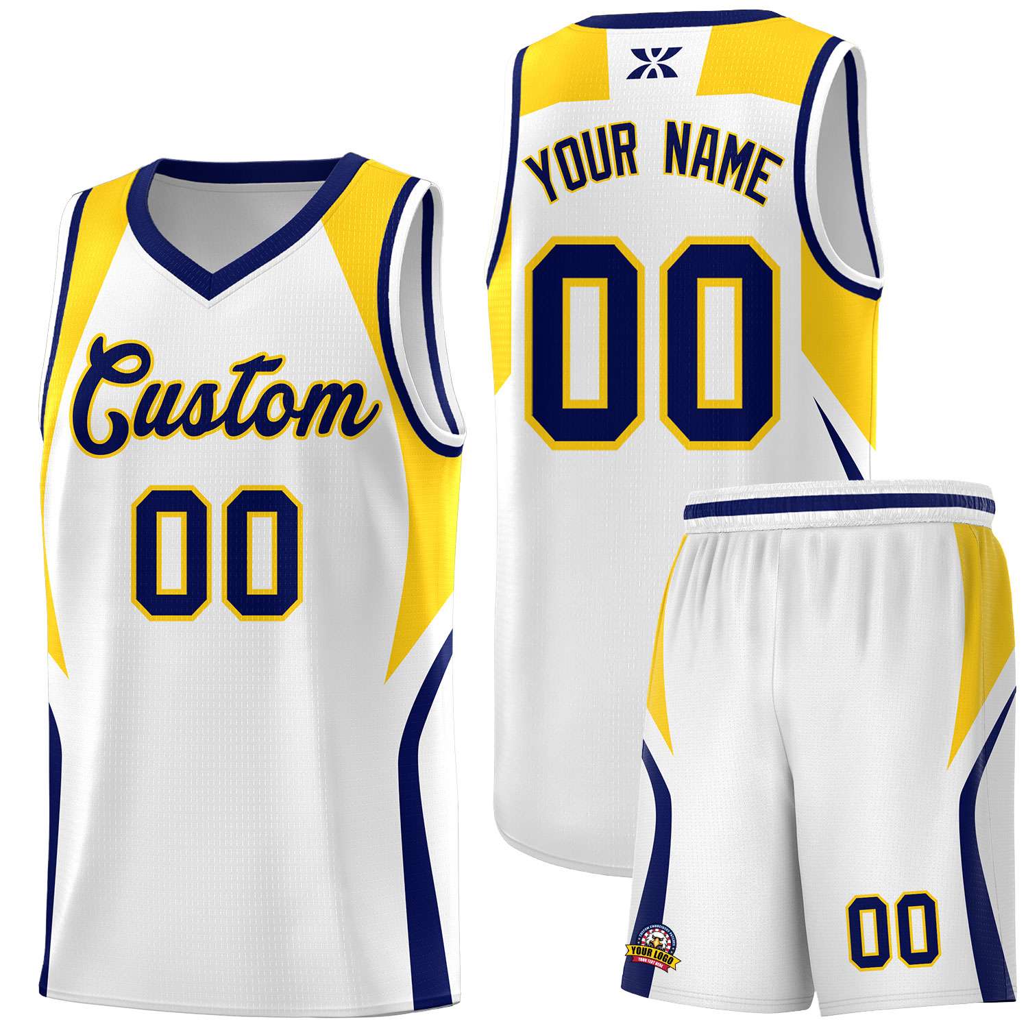 Custom White Navy and Gold Color Block Sports Uniform Basketball Jersey