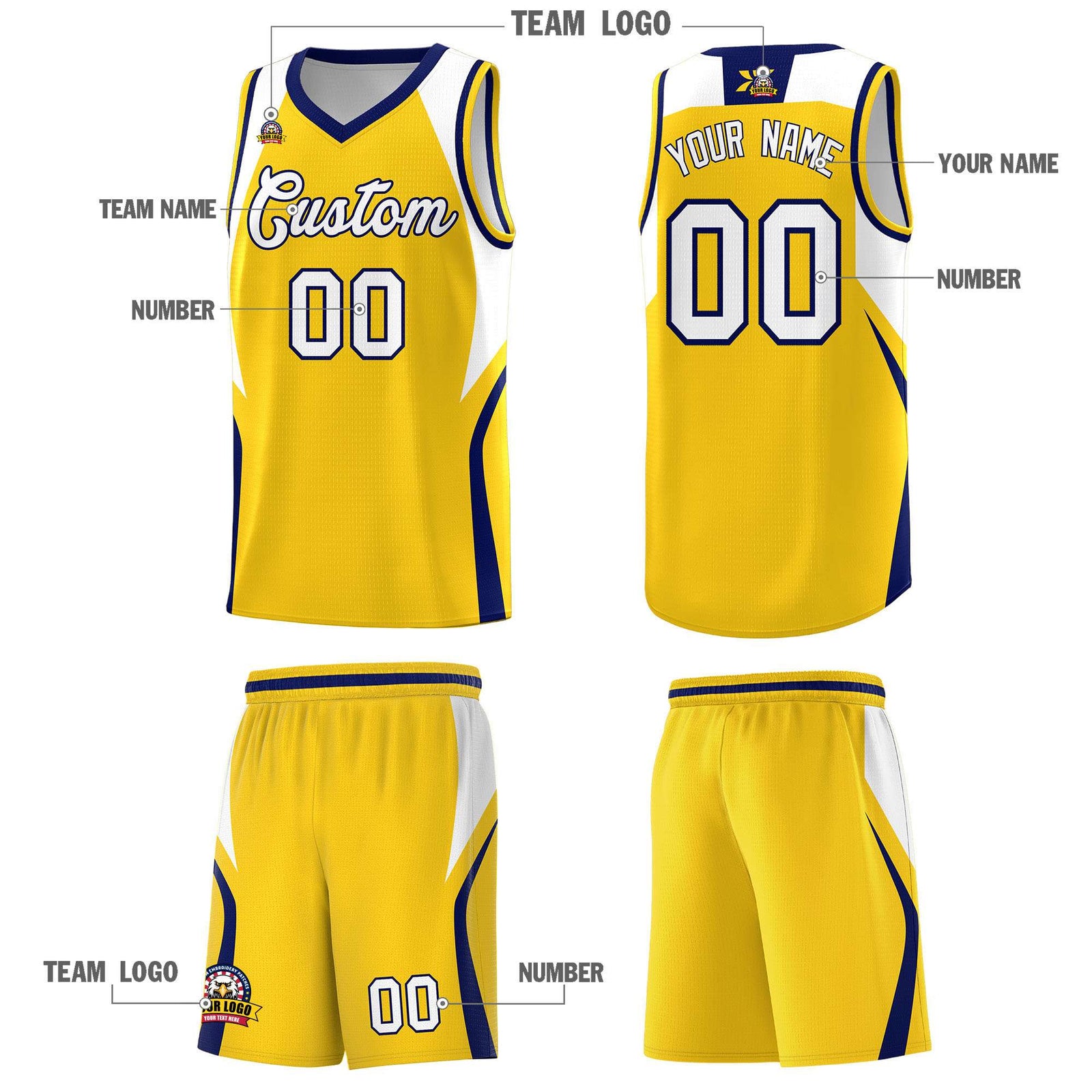 Custom Gold White and Navy Color Block Sports Uniform Basketball Jersey