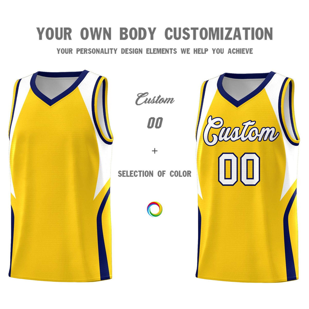 Custom Gold White and Navy Color Block Sports Uniform Basketball Jersey