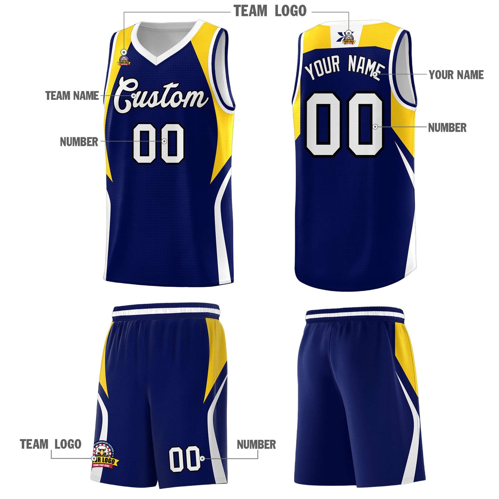 Custom Navy Gold and White Color Block Sports Uniform Basketball Jersey