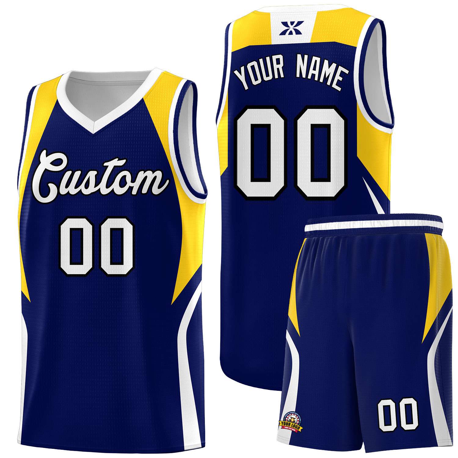 Custom Navy Gold and White Color Block Sports Uniform Basketball Jersey