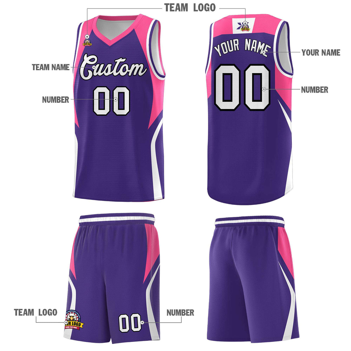 Custom Purple Pink and White Color Block Sports Uniform Basketball Jersey