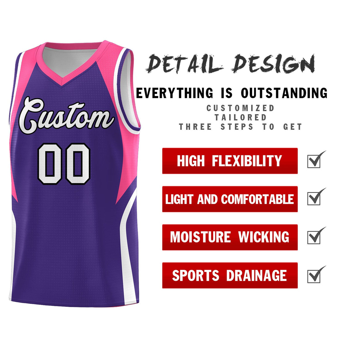 Custom Purple Pink and White Color Block Sports Uniform Basketball Jersey