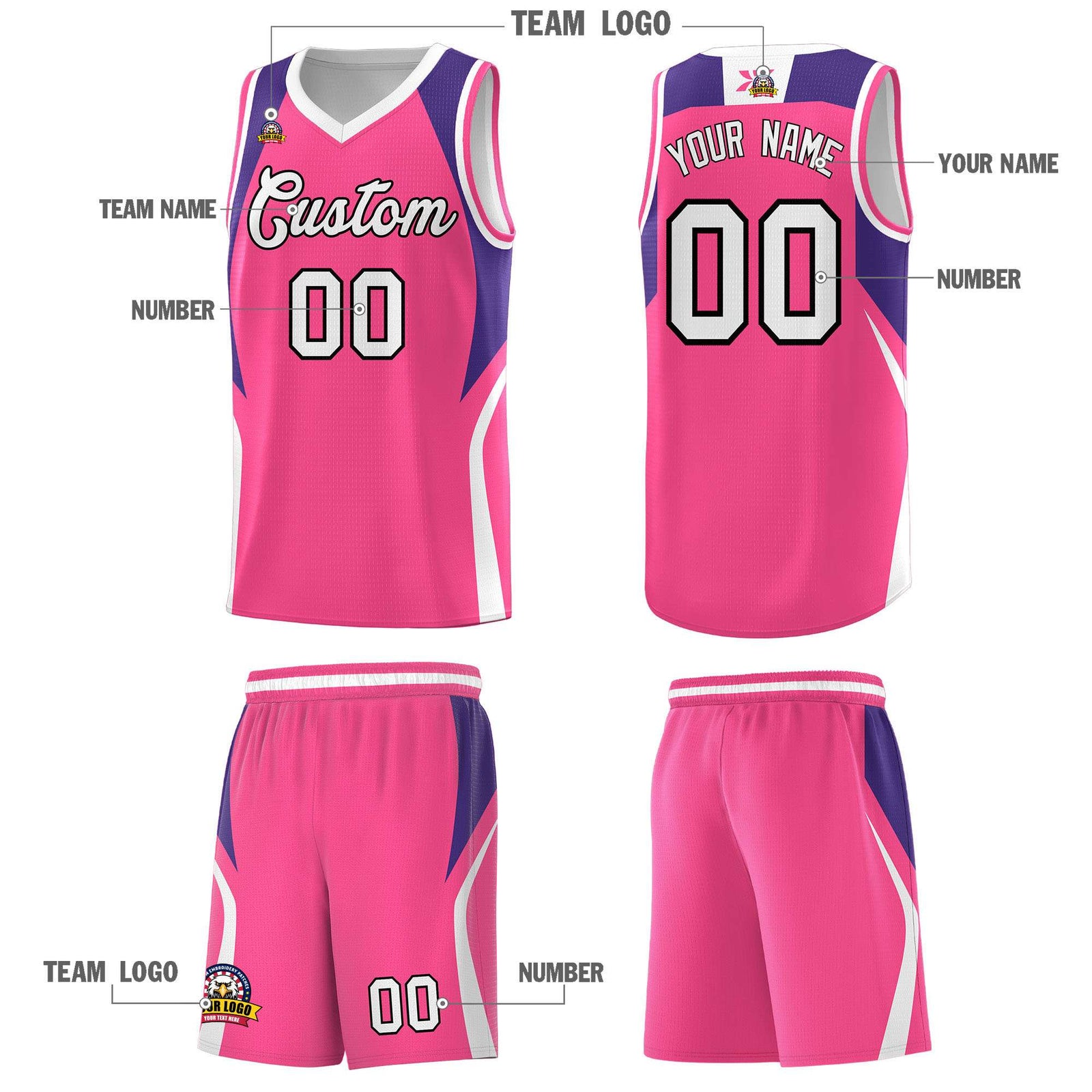Custom Pink Purple and White Color Block Sports Uniform Basketball Jersey