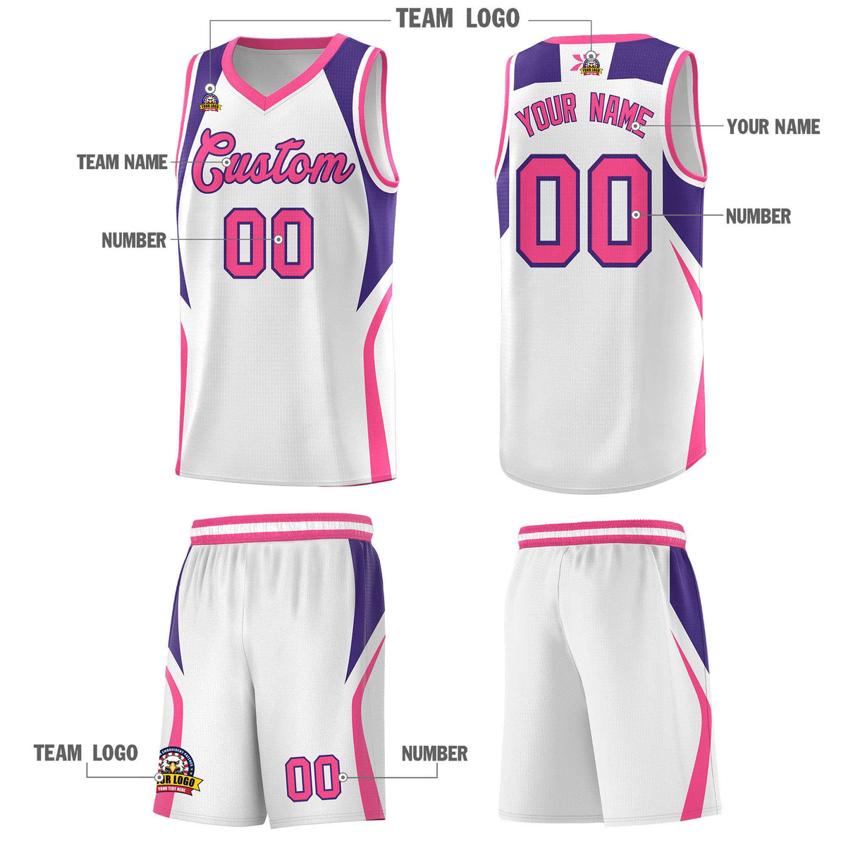 Custom White Purple and Pink Color Block Sports Uniform Basketball Jersey