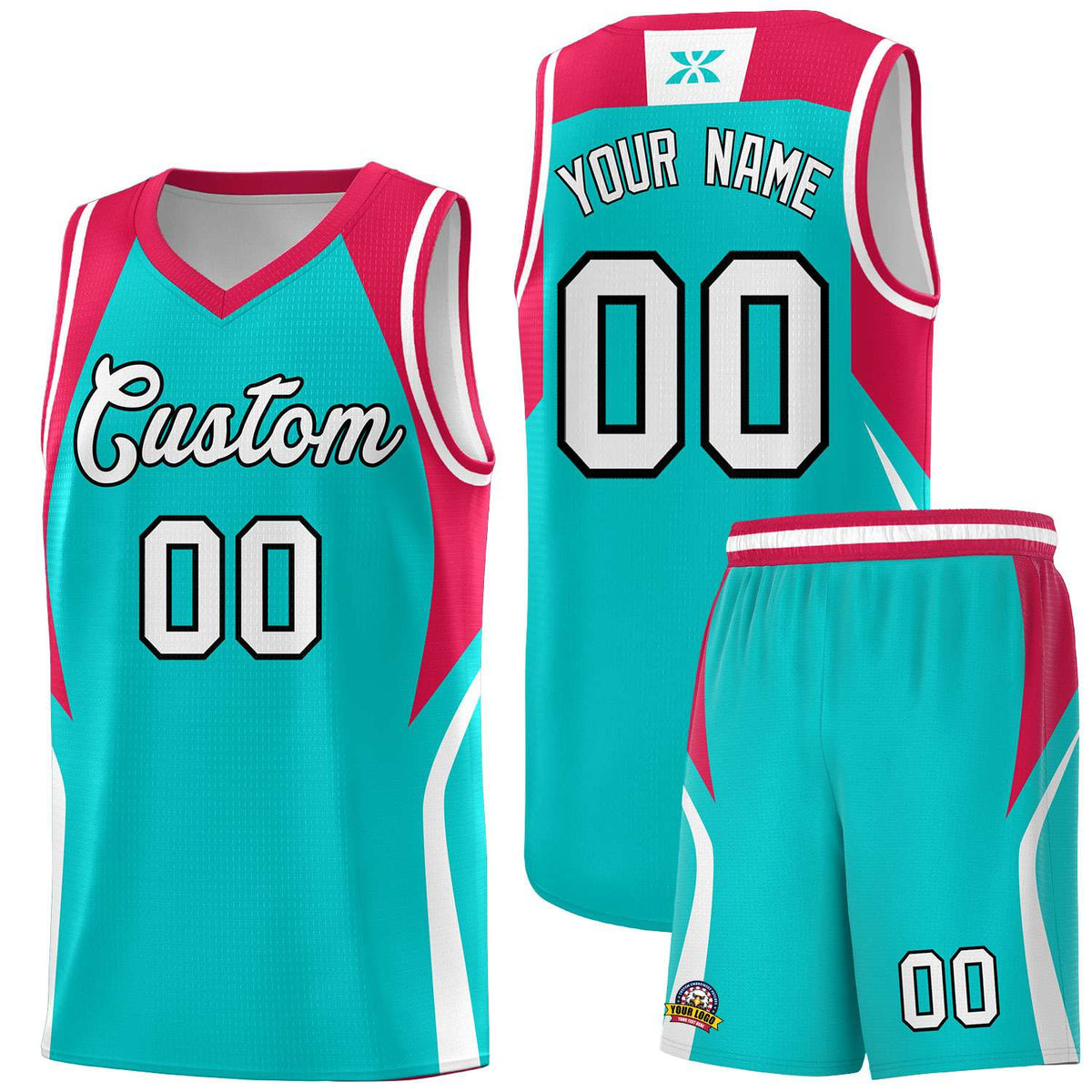 Custom Aqua Red and White Color Block Sports Uniform Basketball Jersey