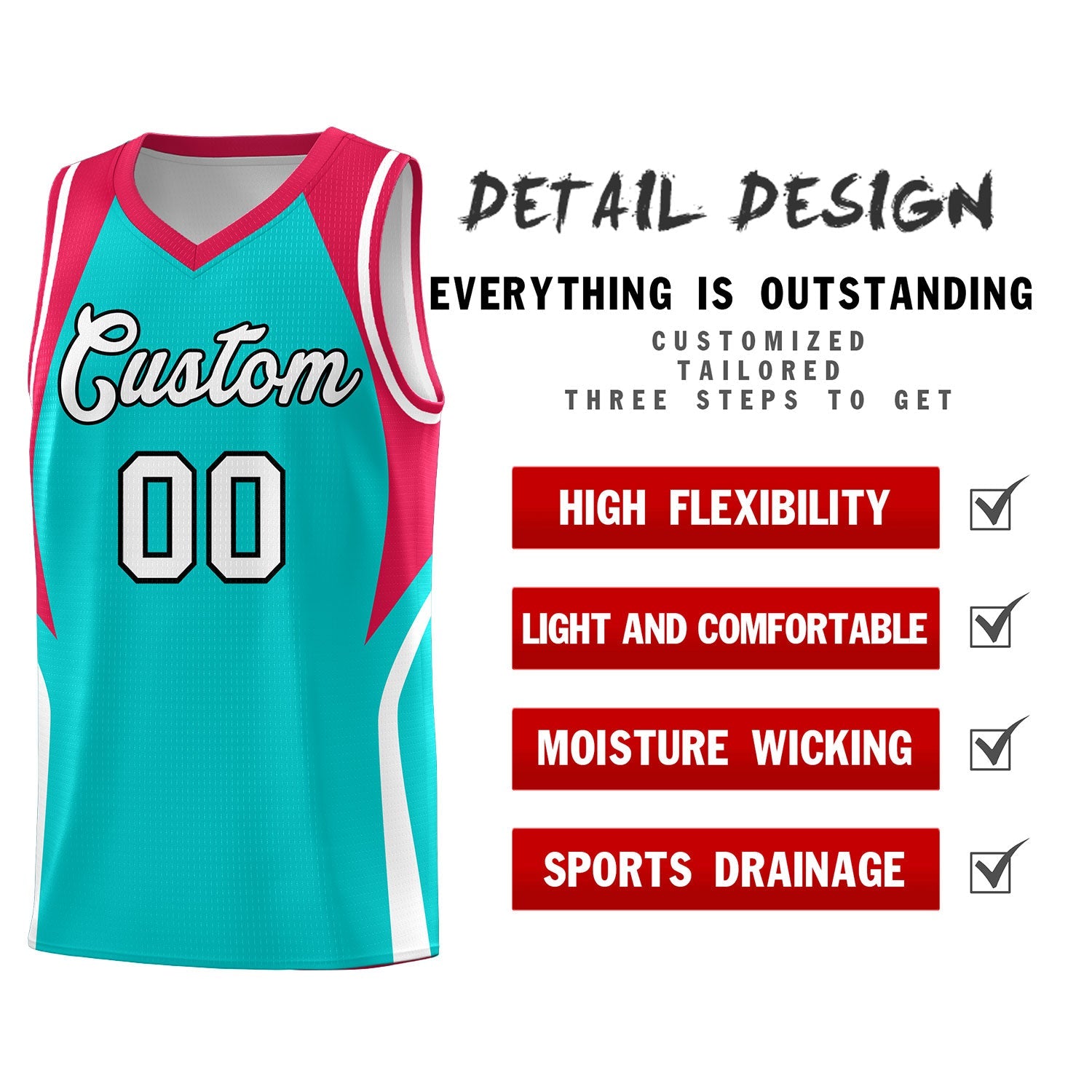 Custom Aqua Red and White Color Block Sports Uniform Basketball Jersey